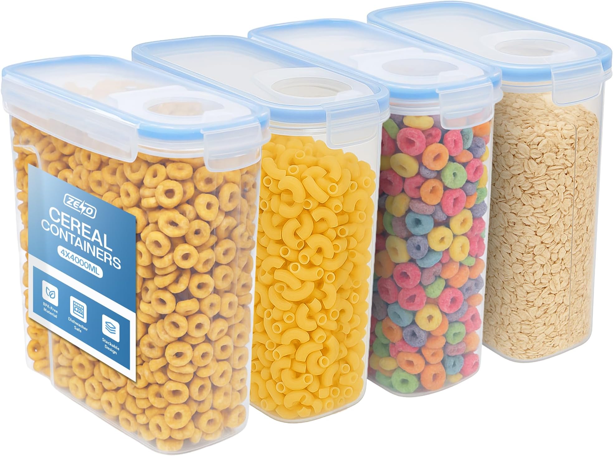 Cereal Storage Containers 4 PCS | Cereal Containers Dishwasher Safe | Storage for Cereal, Pasta, Rice & Dry Foods | Airtight Food Storage Container | Holds 4 Litres