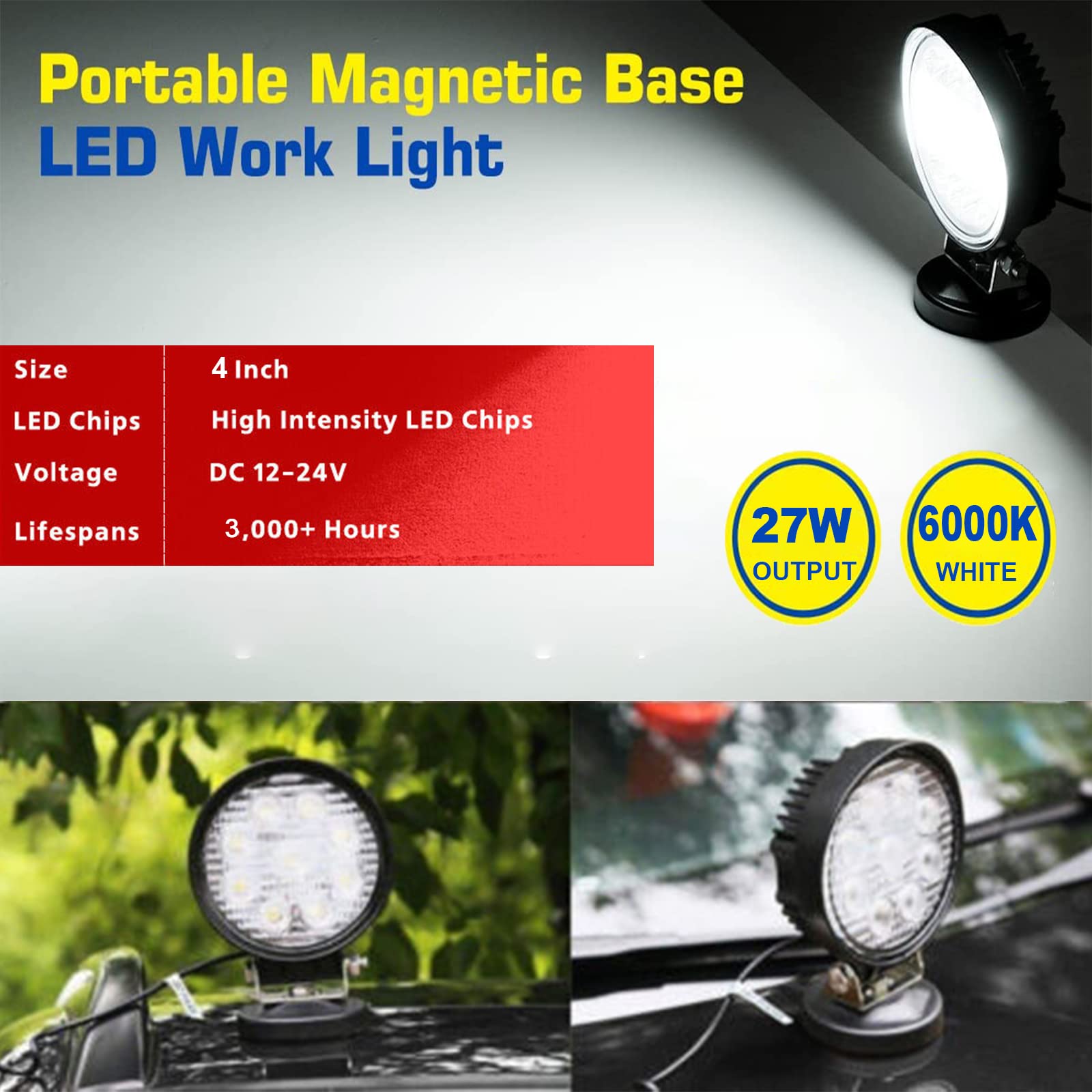 PICAA Redondo Faro Trabajo LED Con Base Magnética Focos de Coche, 2 Piezas 4 Pulgadas 27W Faros Led Tractor 4x4 Camino 12V 6000K Impermeable Luces de Trabajo Led Barra Led para Offroad ATV SUV Camión
