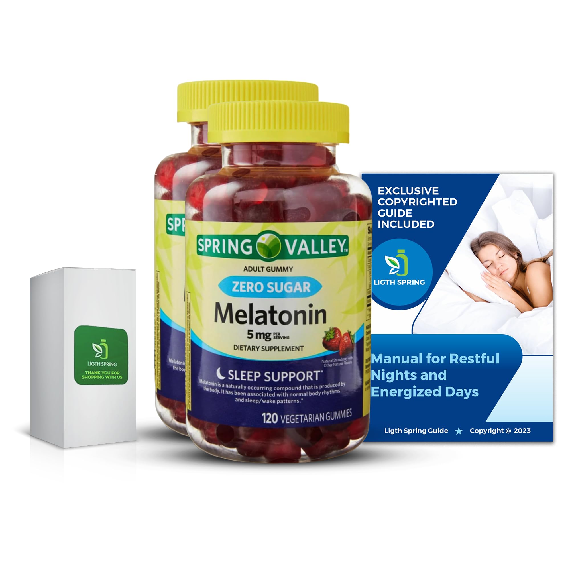 Melatonin 5 Mg Zero Sugar, 120 Gummies (2 Pack) with Exclusive Better Ligth&Spring Guide