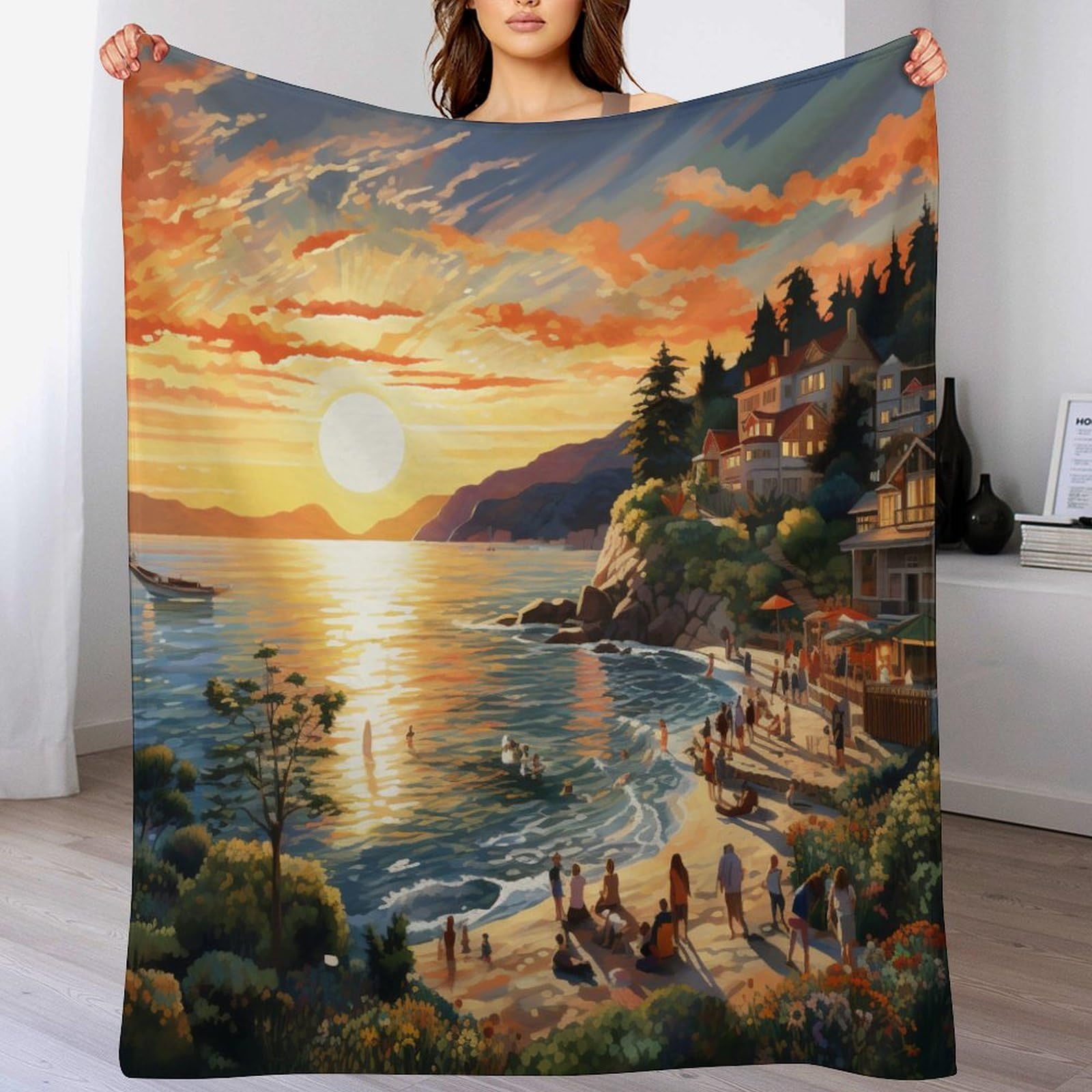 Couverture polaire canapé motif coucher de soleil lit flannel chaude chalet bord de mer
