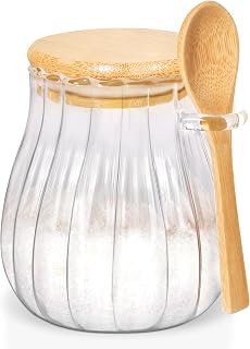 Quald 15oz Glass Sugar Bowl with Bamboo Lid & Spoon - Airtight Striped Jar for Coffee Station Kitchen Decor