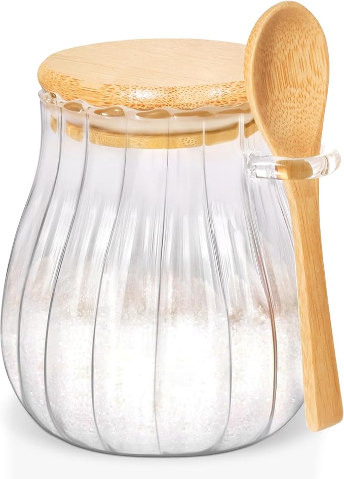 15oz Sugar Container with Bamboo Lid and Spoon,Sugar Bowl Glass