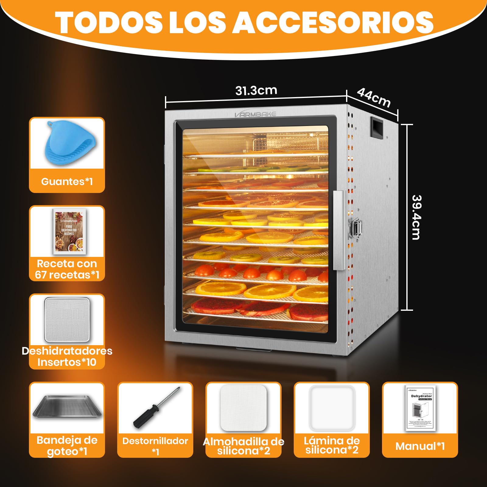 Deshidratador de acero inoxidable de 10 niveles, 0,84 ㎡ de superficie de deshidratación, 30-90 ℃, deshidratador de frutas grande, 800 W, deshidratador de alimentos para verduras, carne y 316