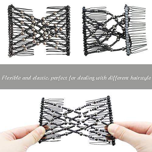 Miniatura 4 de 5 piezas de peine mágico elástico para el cabello, peine doble elástico con cuentas para mujeres y niñas, estilo de cabello vintage, accesorios