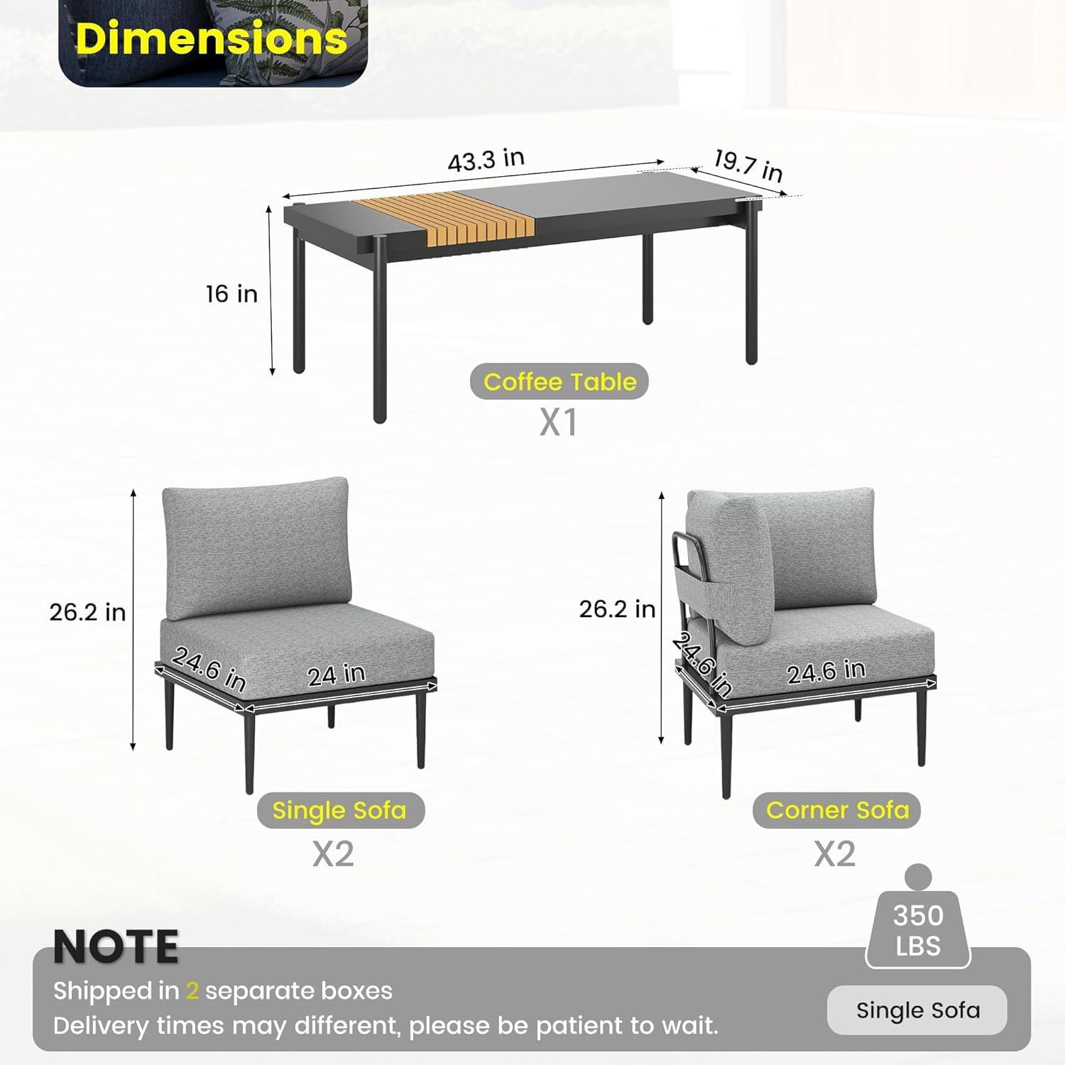 5 Pieces Outdoor Patio Furniture Set with Coffee Table Modern Metal Sectional Corner Couch Sofa Patio Conversation Sets for Backyard Porch Balcony Poolside(Green)