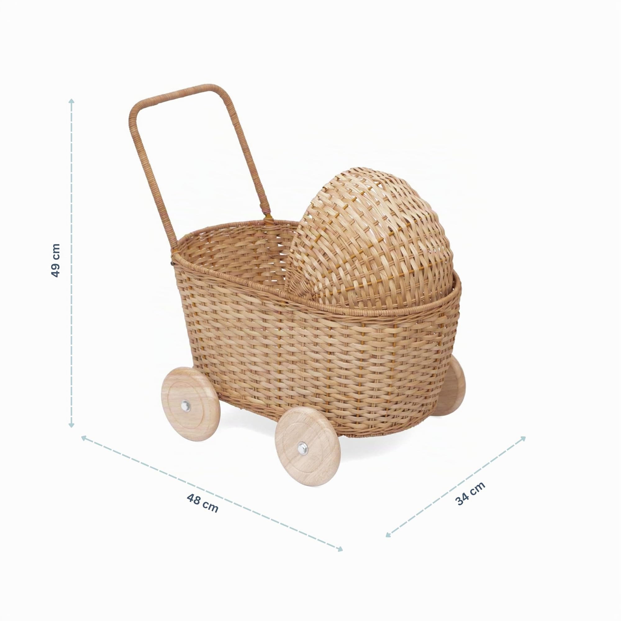 GON Stroller – Cochecito de mimbre 3 en 1 para muñecas, carrito de la compra y andador para niños, hecho a mano de materiales naturales, con cojín y colchón, cochecito de madera para muñecas a partir