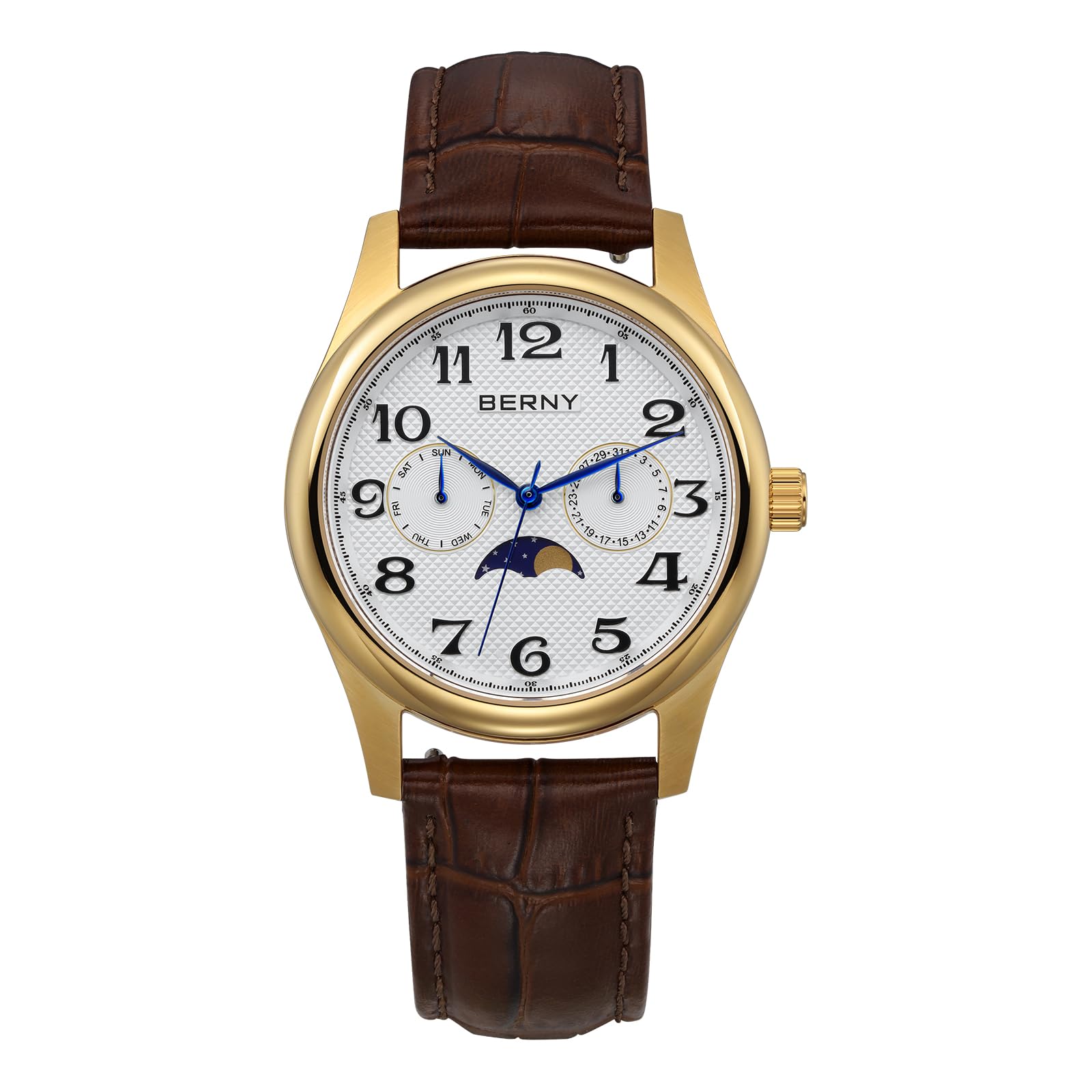 BERNY Reloj para Hombre Cuarzo Fase Lunar Masculino Reloj de Pulsera Dial Analógico de Fácil Lectura con Números Arábigos