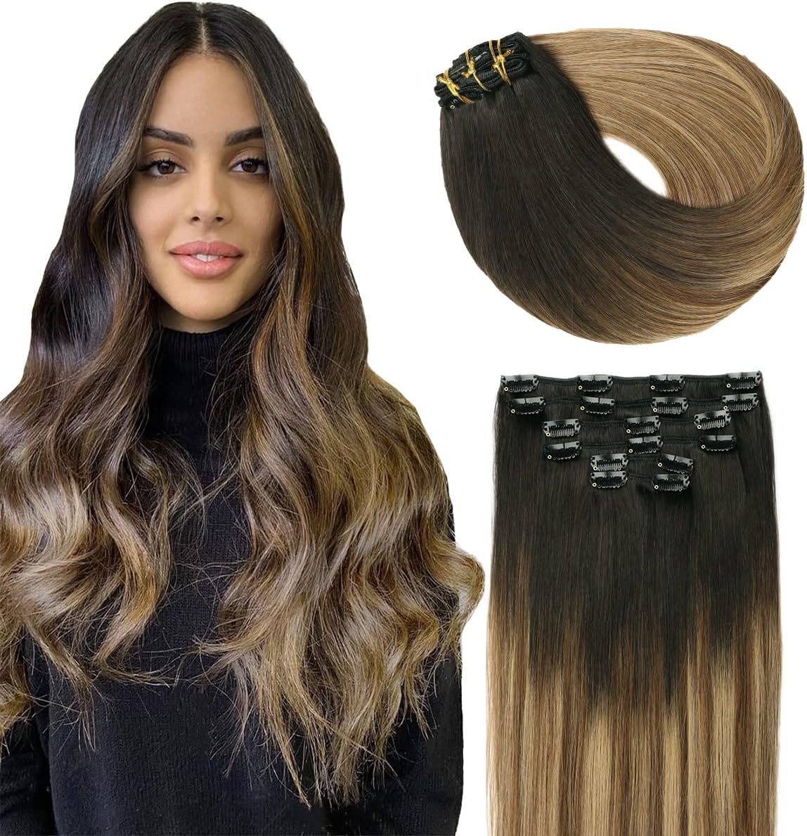 SURNEL Hair Extensions Clip in Real Human Hair 1B Fading to 4 and 27