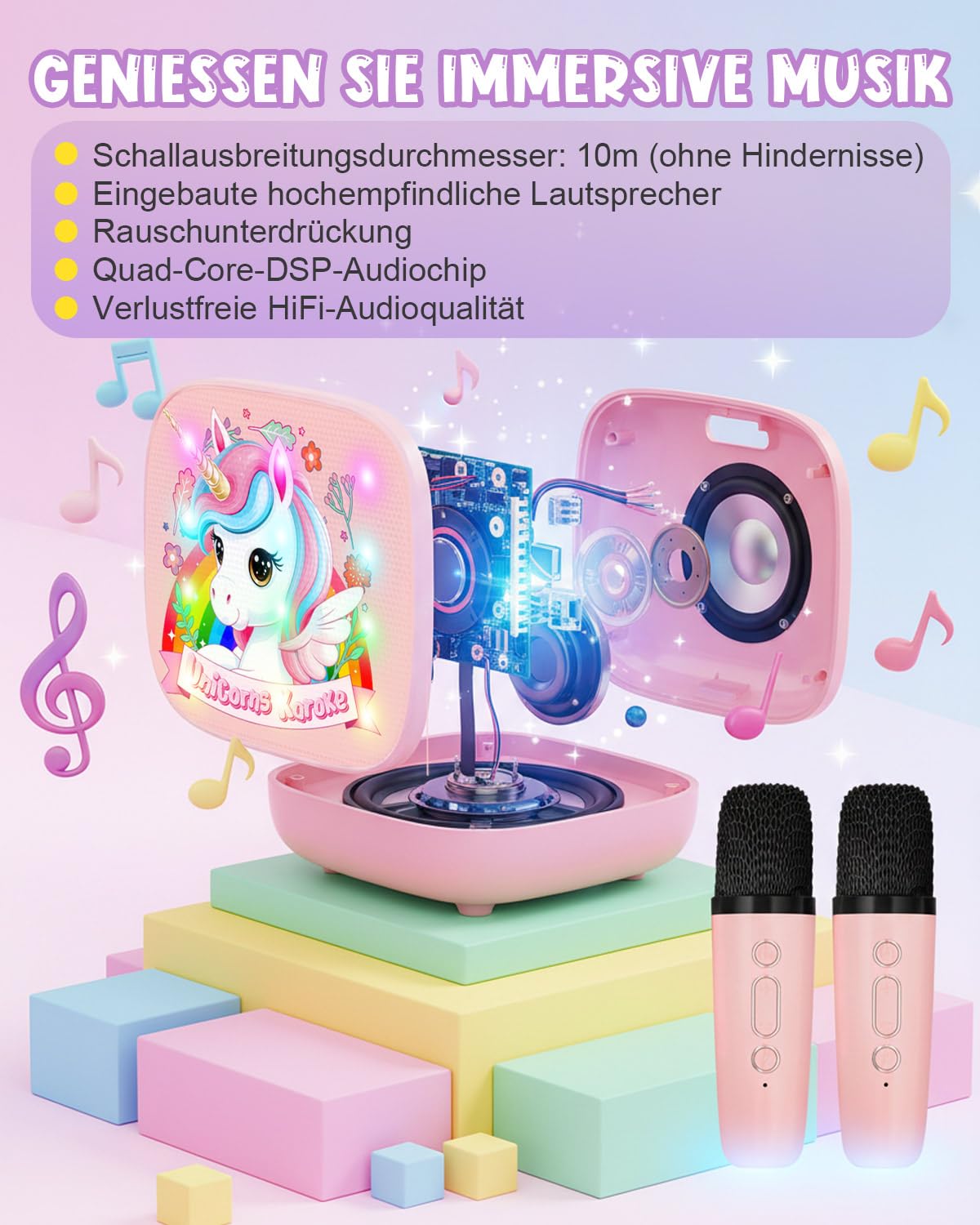 Einhorn Karaoke Maschine mit 2 Bluetooth Mikrofon Kinder, Einhorn Geschenke für Mädchen 3-13 Jahre, Tragbarer Karaoke Drahtlosen Mikrofon mit LED-Lichtern, Mädchen Geschenk Microphone