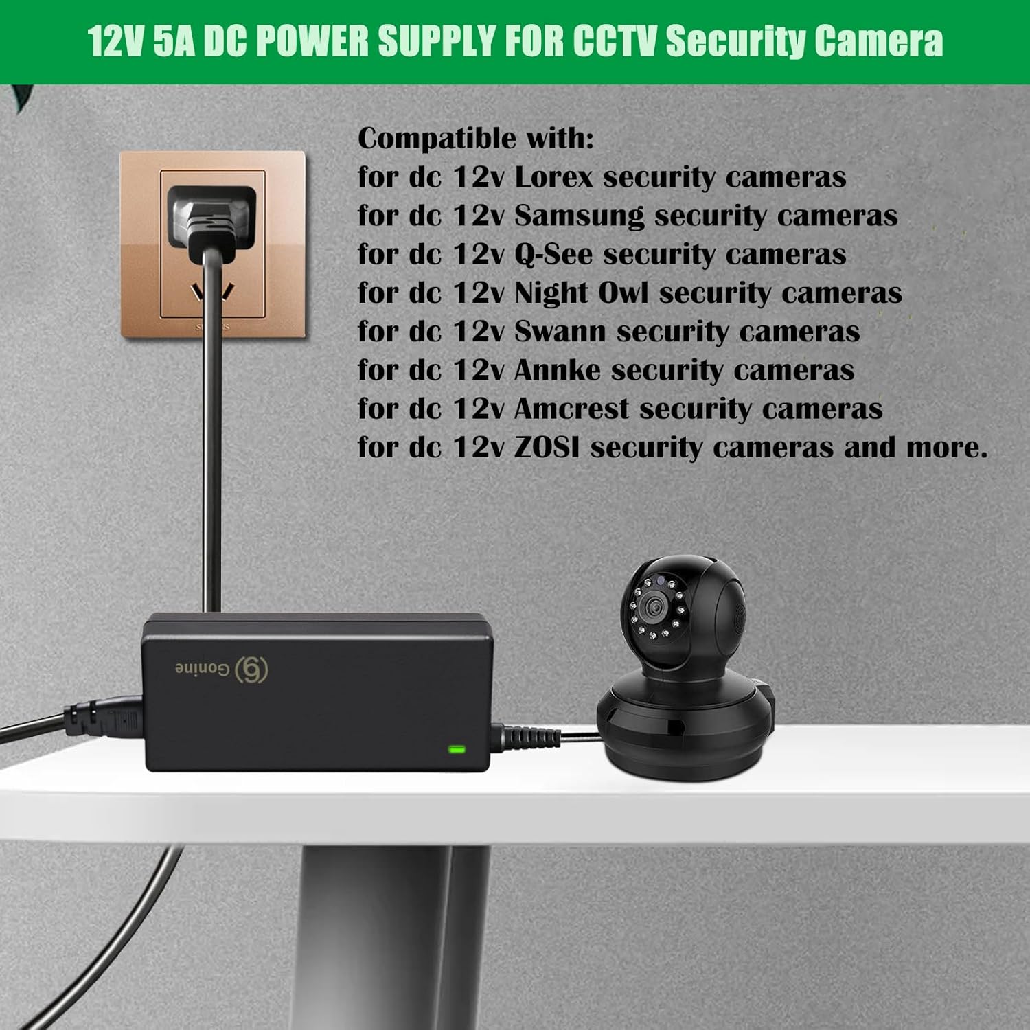 Security Camera AC DC Power Supply Adapter 12V 5A, Compatible with 12Volt Lorex, Night Owl, Swann, ZOSI, Reolink, Annke IP and BNC CCTV Surveillance Cameras, with 8 Ways Splitter Cable.