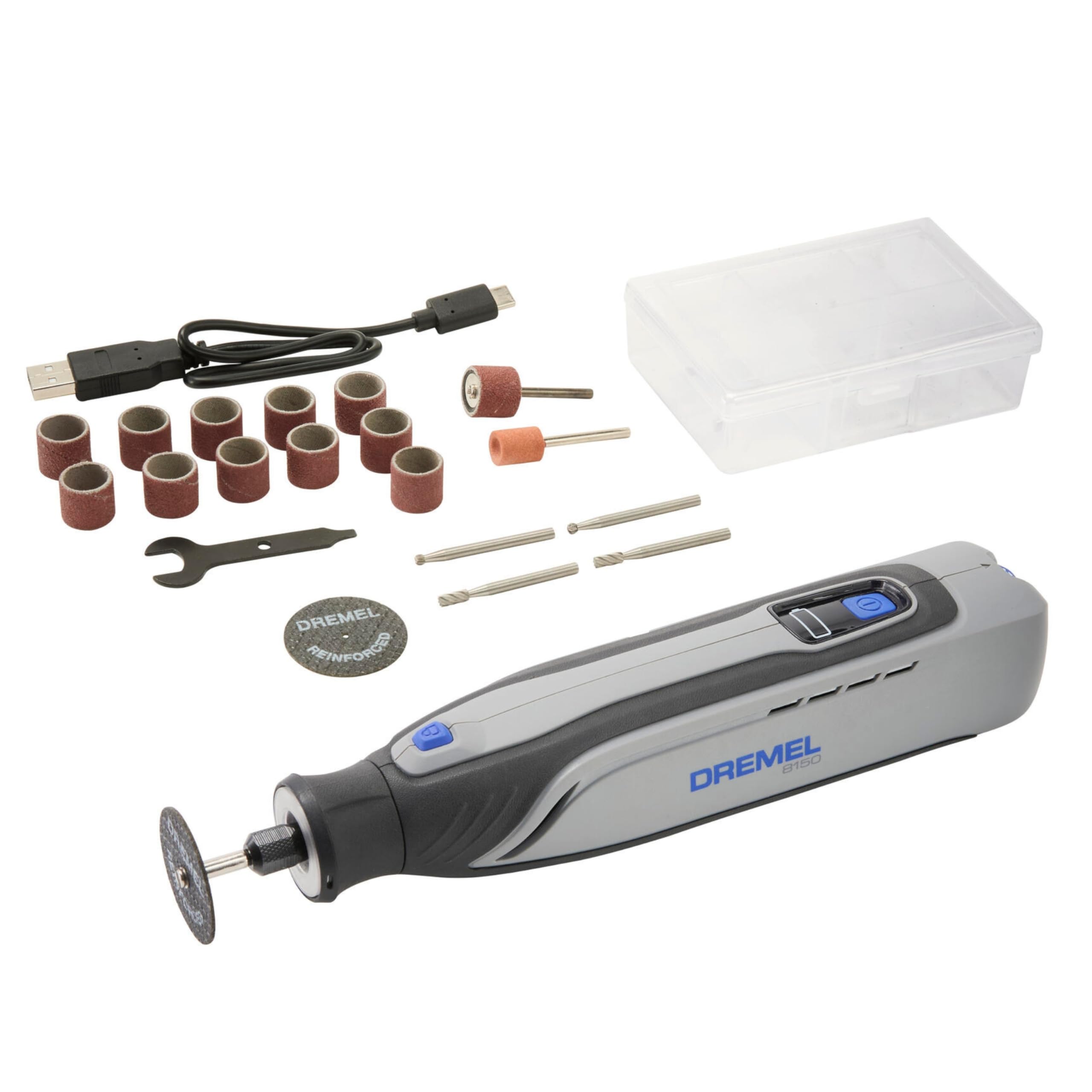 Dremel 8150 Zestaw z akumulatorowym bezszczotkowym narzędziem obrotowym, akumulator 7,2V 2Ah USB-C, 20 akcesoriów, regulacja prędkości obrotowej 5000–30000 obr./min, oświetlenie LED, cięcie, ścieranie