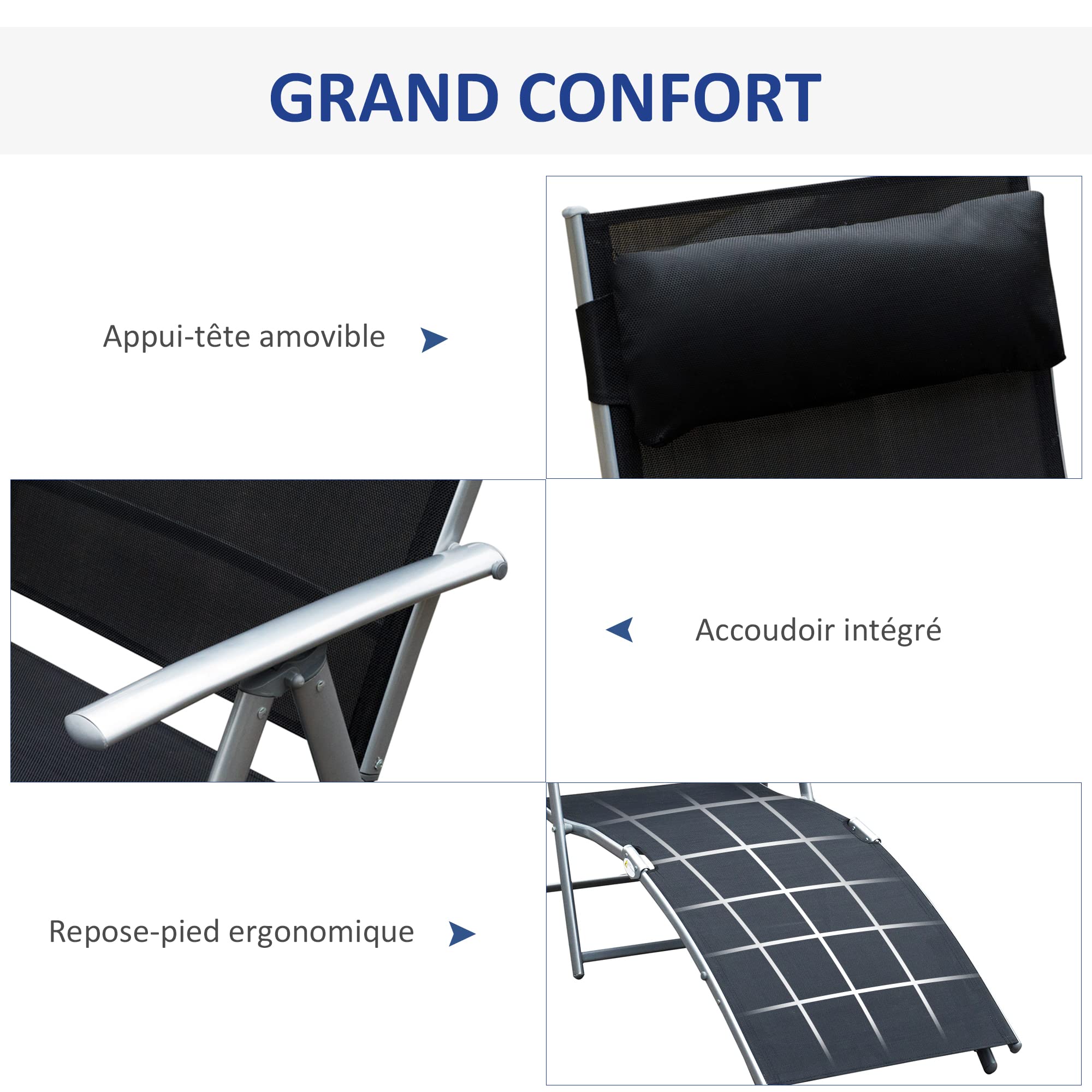 Outsunny Transat Jardrin Pliable Dossier Inclinable Multi-Positions Noir