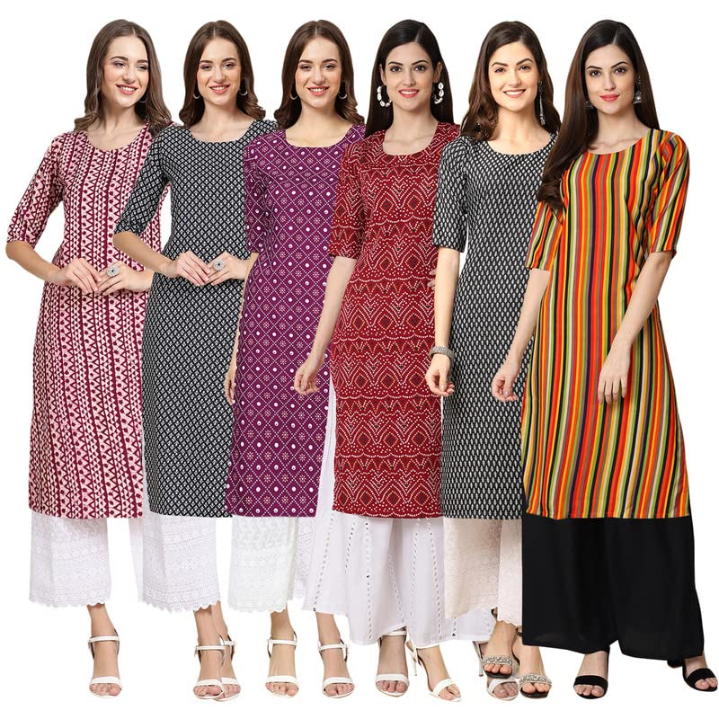 Pinkmint Women's Crepe Digital Print Straight Kurta [Pack Of 6](Mv-347-349-355-374-377-356-L)