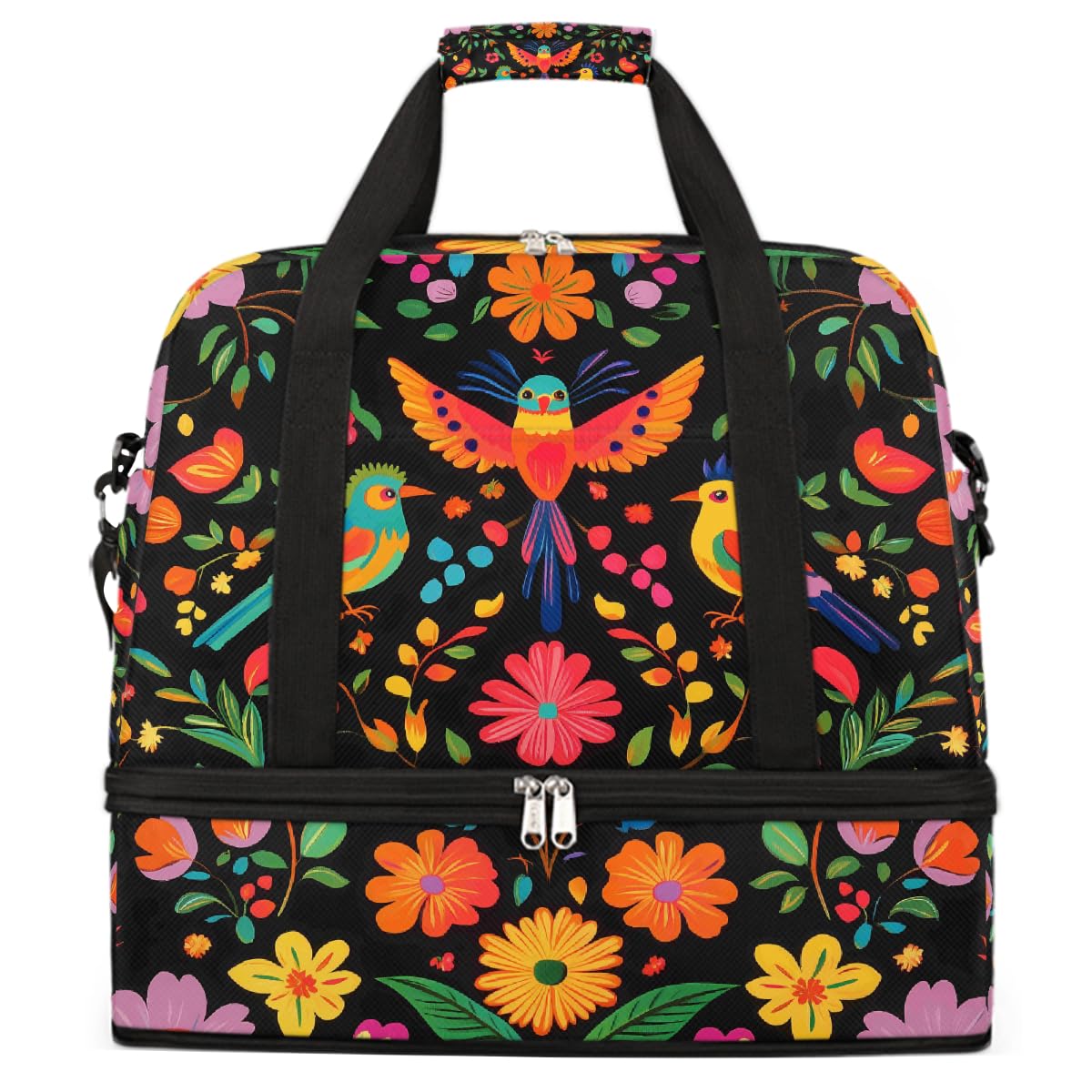 Borsone da viaggio pieghevole con motivo di uccelli colorati messicani, borsa da palestra espandibile con scomparto per scarpe, borsa da weekend di grande capacità, borsa da viaggio per sport, viaggi