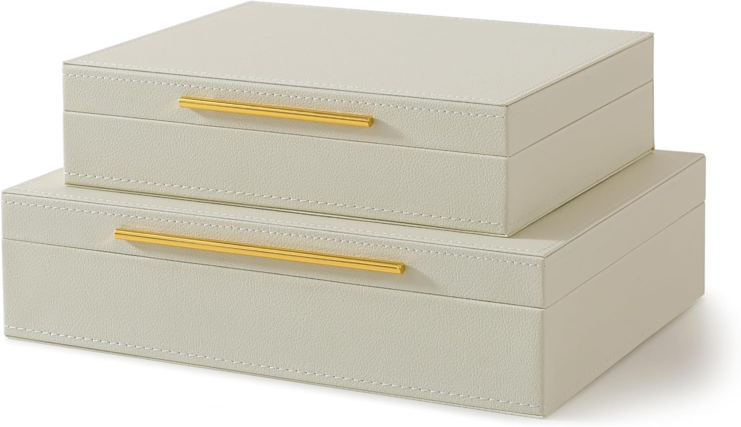 Soul & Lane Faux Leather Decorative Boxes with Lids and Gold Hardware for Home Decor, Set of 2 Stacking Hinged Boxes for Coffee Table and Living Room Shelves, Nesting Remote Control Holder, Ivory