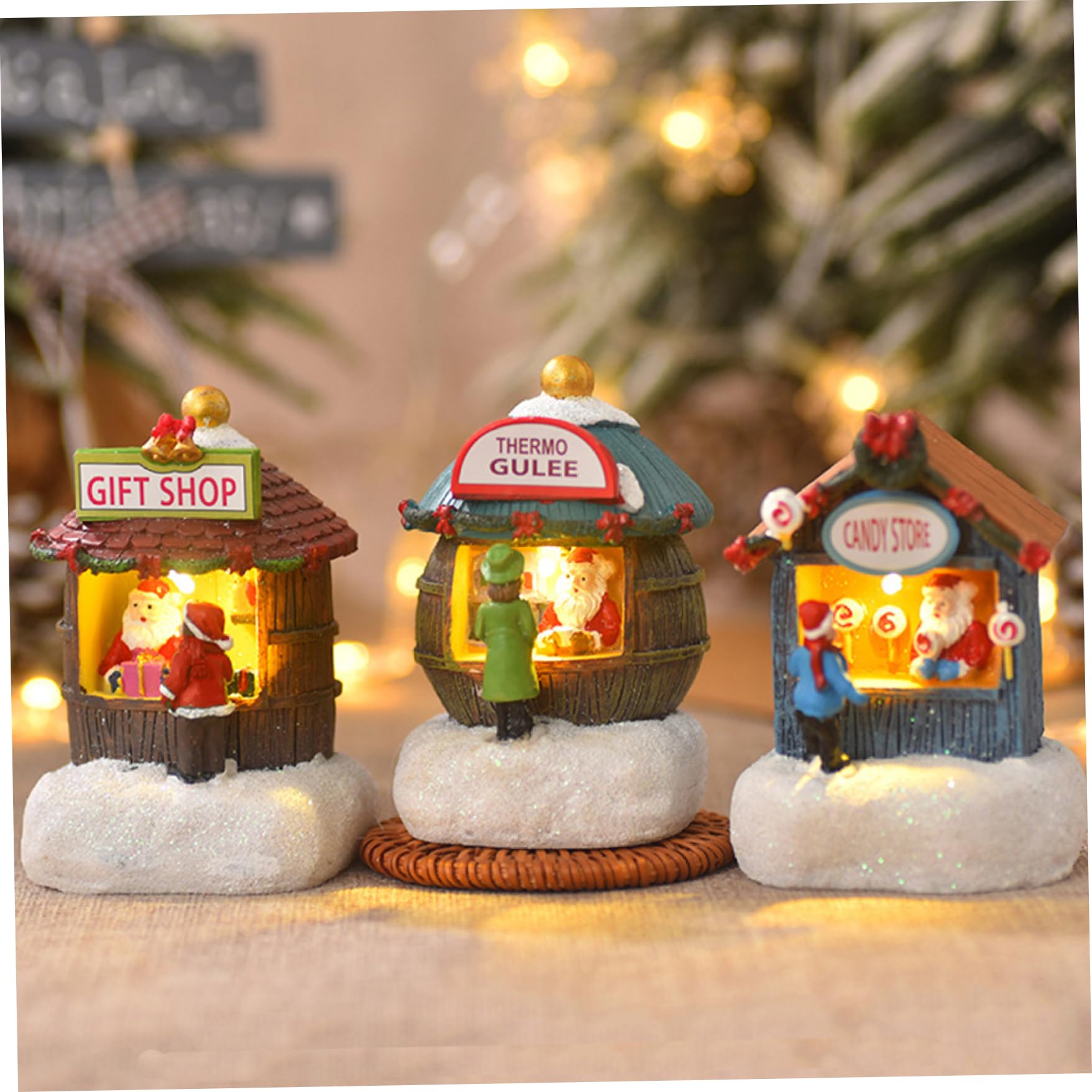 3Pcs Christmas Village Sets, Christmas Village House Includes Thermo Glueeb, Candy Store, Gift Shop, Resin Led Light Up Christmas House for Christmas Decor Home Table Display, Christmas Village Figu