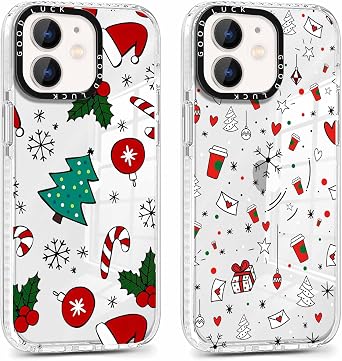 2 Pack Merry Christmas Clear Phone Case for iPhone 12 / iPhone 12 Pro 6.1", Cute Cover with Red Xmas Tree Candy Snowflake Pattern, Shockproof Soft Slim Silicone TPU Bumper Cover for Girl Women