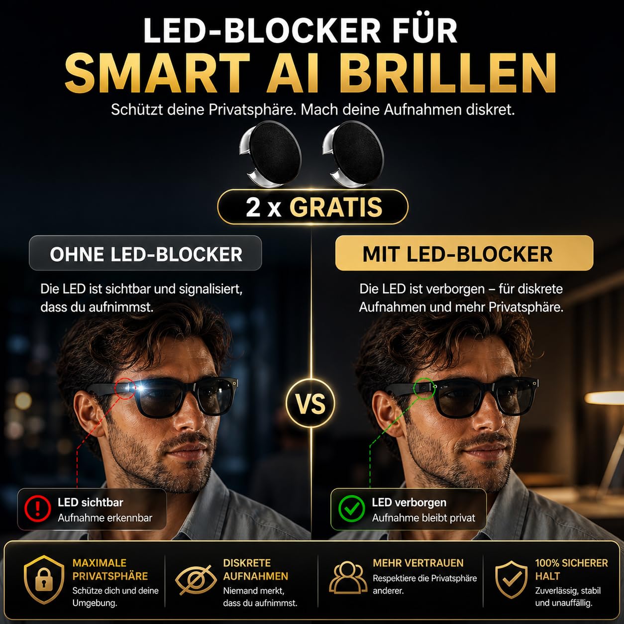 Saulmann Stazione di ricarica e cavo compatibile con Ray-Ban Meta Smart Glasses Gen 1 & 2 con indicatore LED USB-C. Incl. 2 x LED Blocker - SJ7 BIANCO