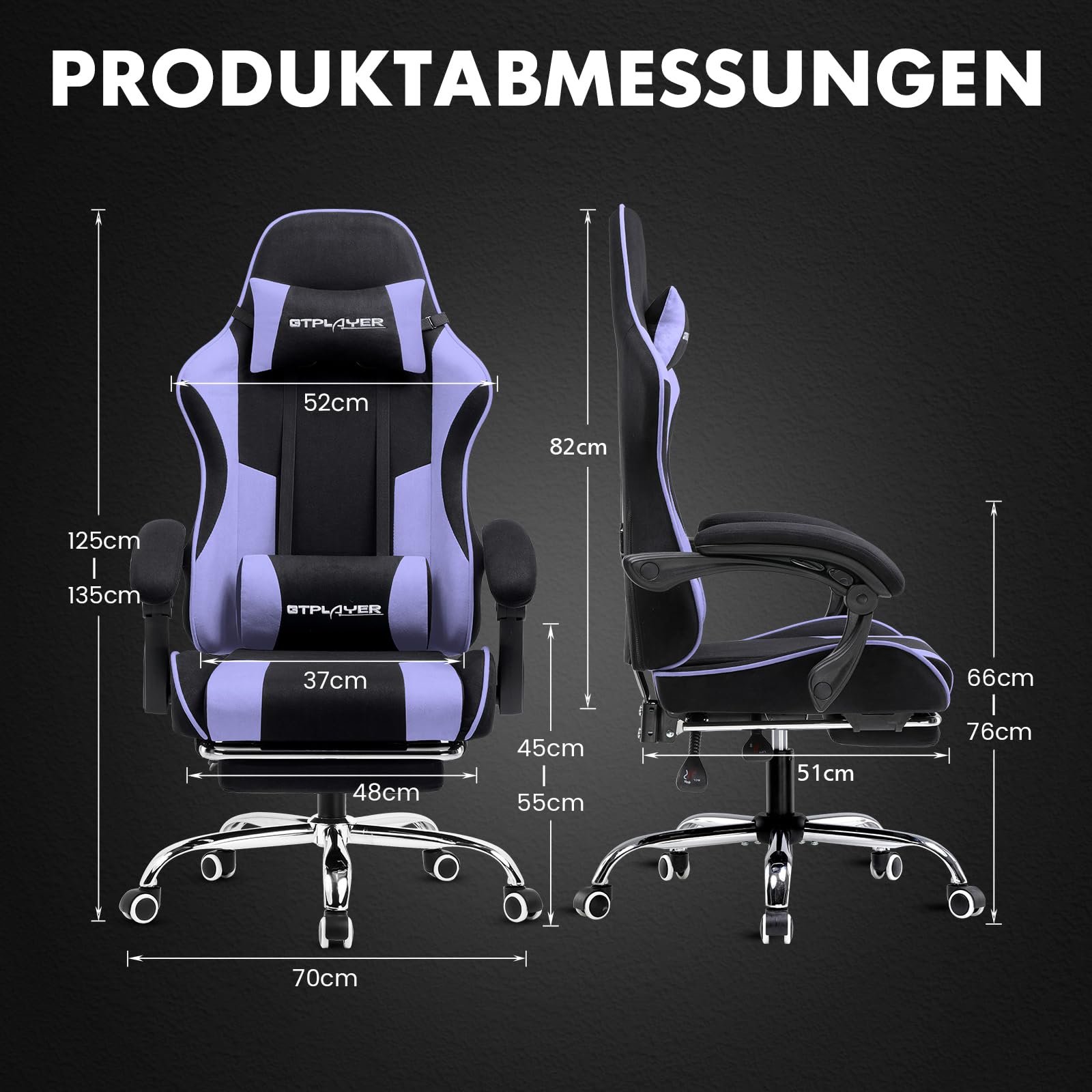 GTPLAYER Krzesło gamingowe, ergonomiczne krzesło biurowe, fotel gamingowy z podparciem okolic masażu, krzesła zadaniowe z podnóżkiem i zagłówkiem, fioletowy materiał