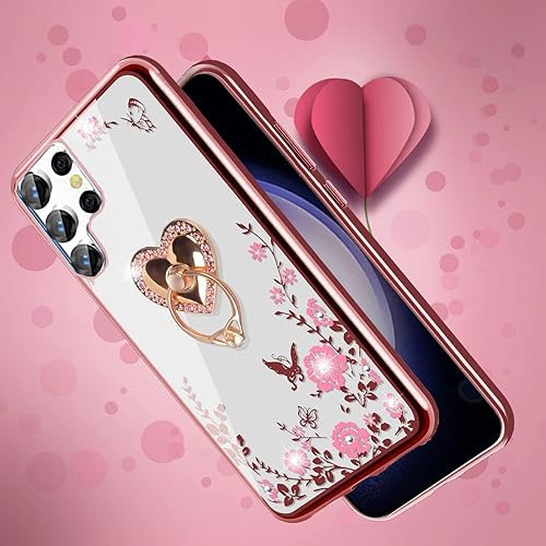 Miniatura 5 de B-Wishy Galaxy S23 Ultra Glitter Caso, Slim TPU Crystal Butterfly Design, Kickstand+Strap - Oro Rosa