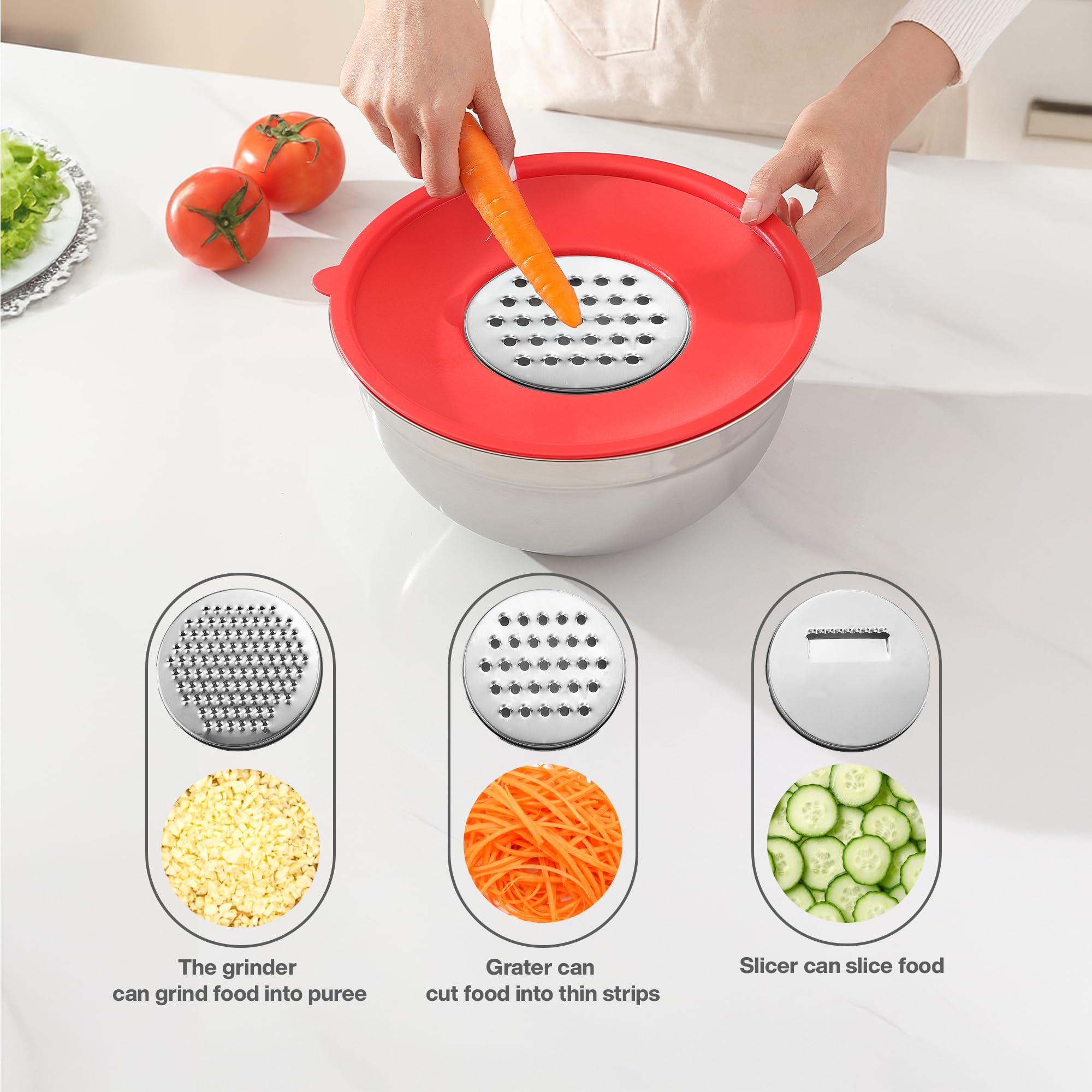 Juego de cuencos para mezclar con tapas, 7 cuencos para hornear, cocinar, preparar y almacenar alimentos, cuencos de acero inoxidable multicolor, incluye tazas medidoras, cuchara, cepillo y otras 11