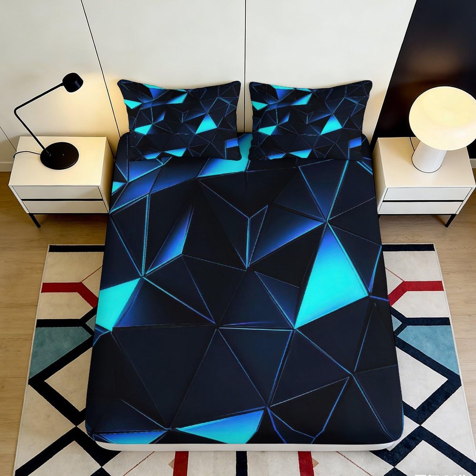 3D Printed Geometric Blue Fitted Sheet Microfiber Soft Durable Abstract Mattress Cover for Bedroom Dormitory Guest Room Bed Protection 140x200x25cm