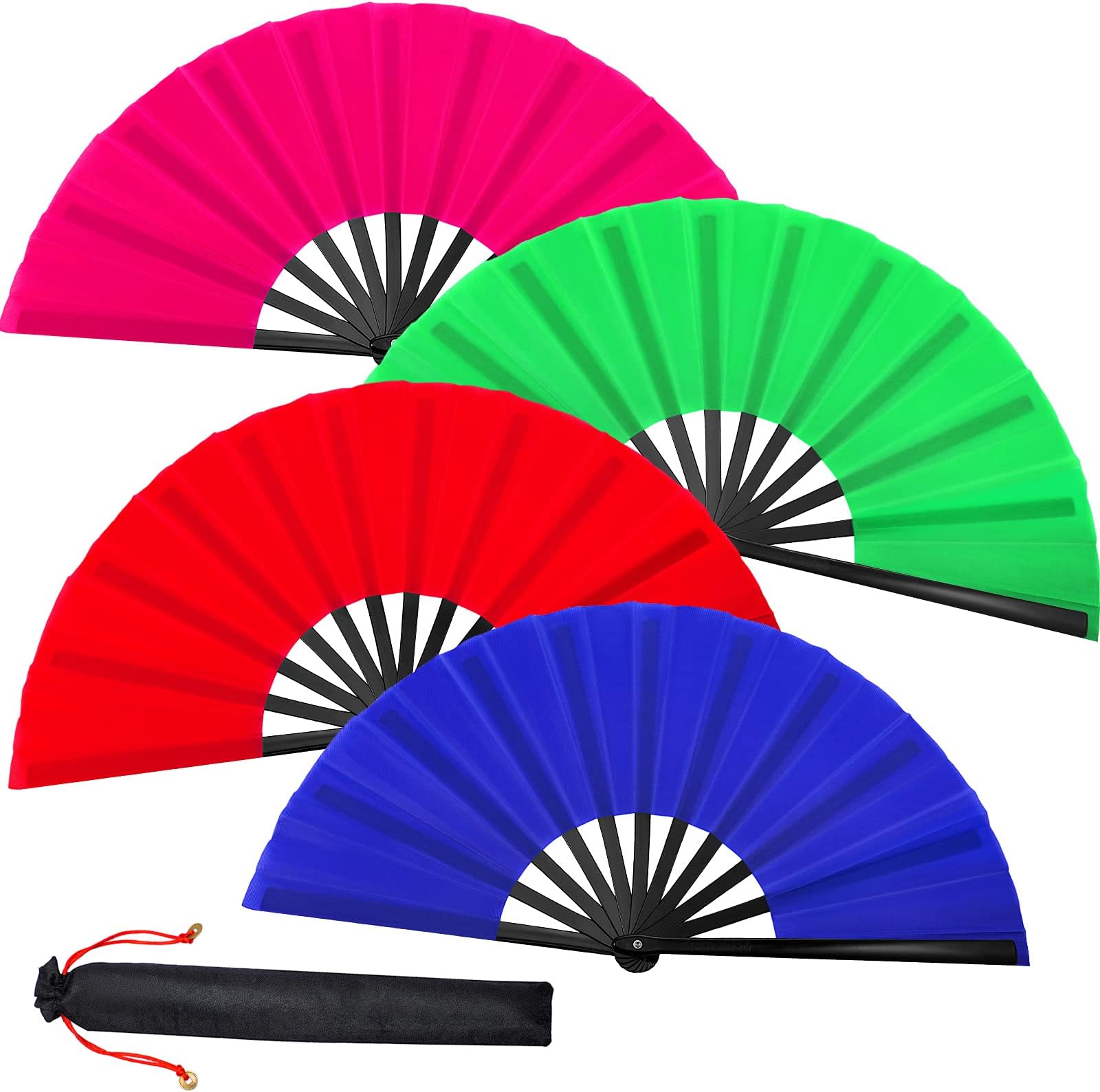 Blulu 4 Pcs Large Folding Fans Bulk with 4 Fan Sleeves, Chinese Kung Fu Hand Clack Rave Fans for Line Dancing, Festival, Party Decor and Performance(Classic Style,Blue, Rose Red, Green, Red,13 Inch)