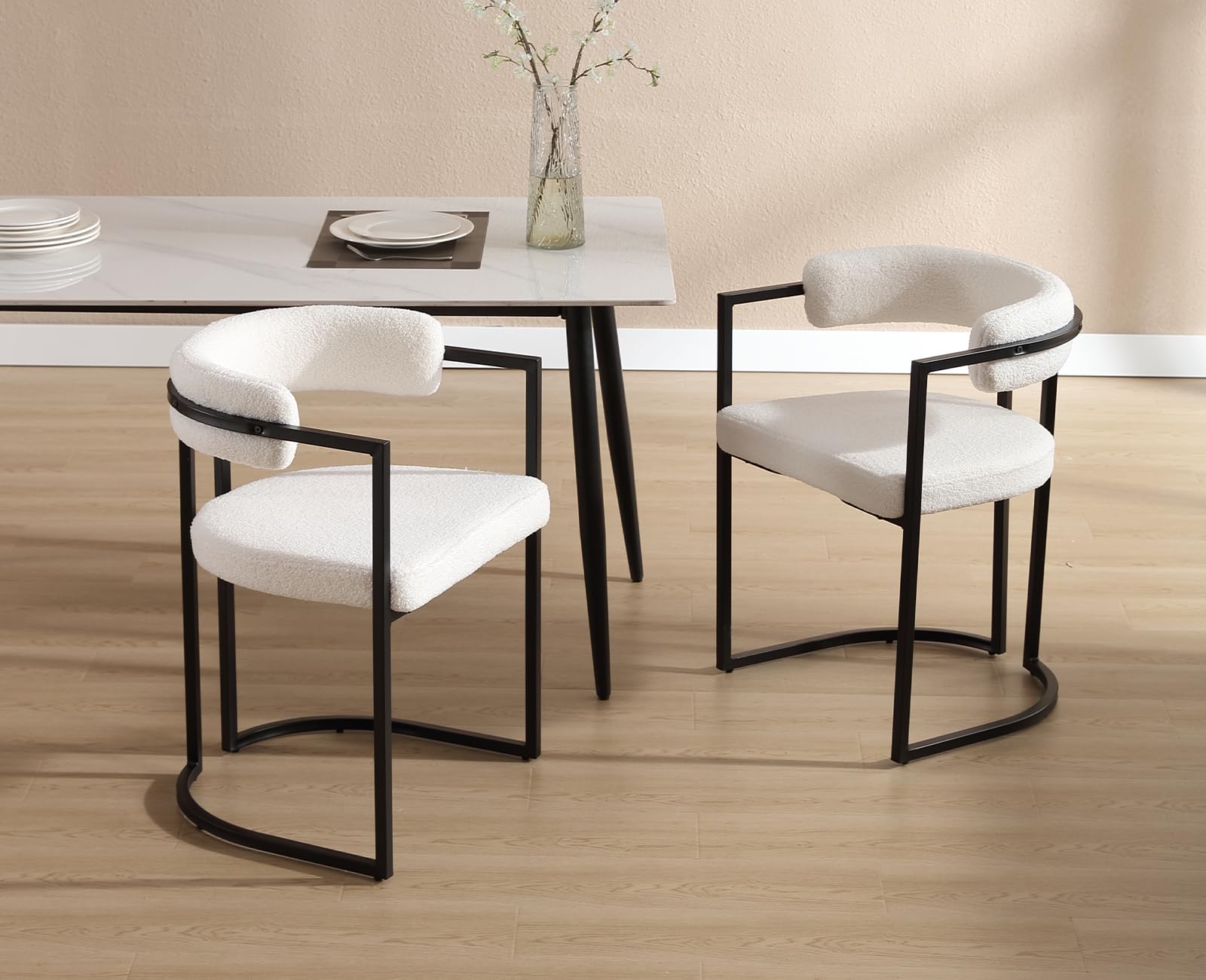 chairus Juego de 2 Sillas de Comedor de Lana Sintética Silas Laterales con Respaldo Curvado, Silla de Cocina con Marco de Metal Silla Decorativa Moderno para Hogar/Restaurante, Blanco