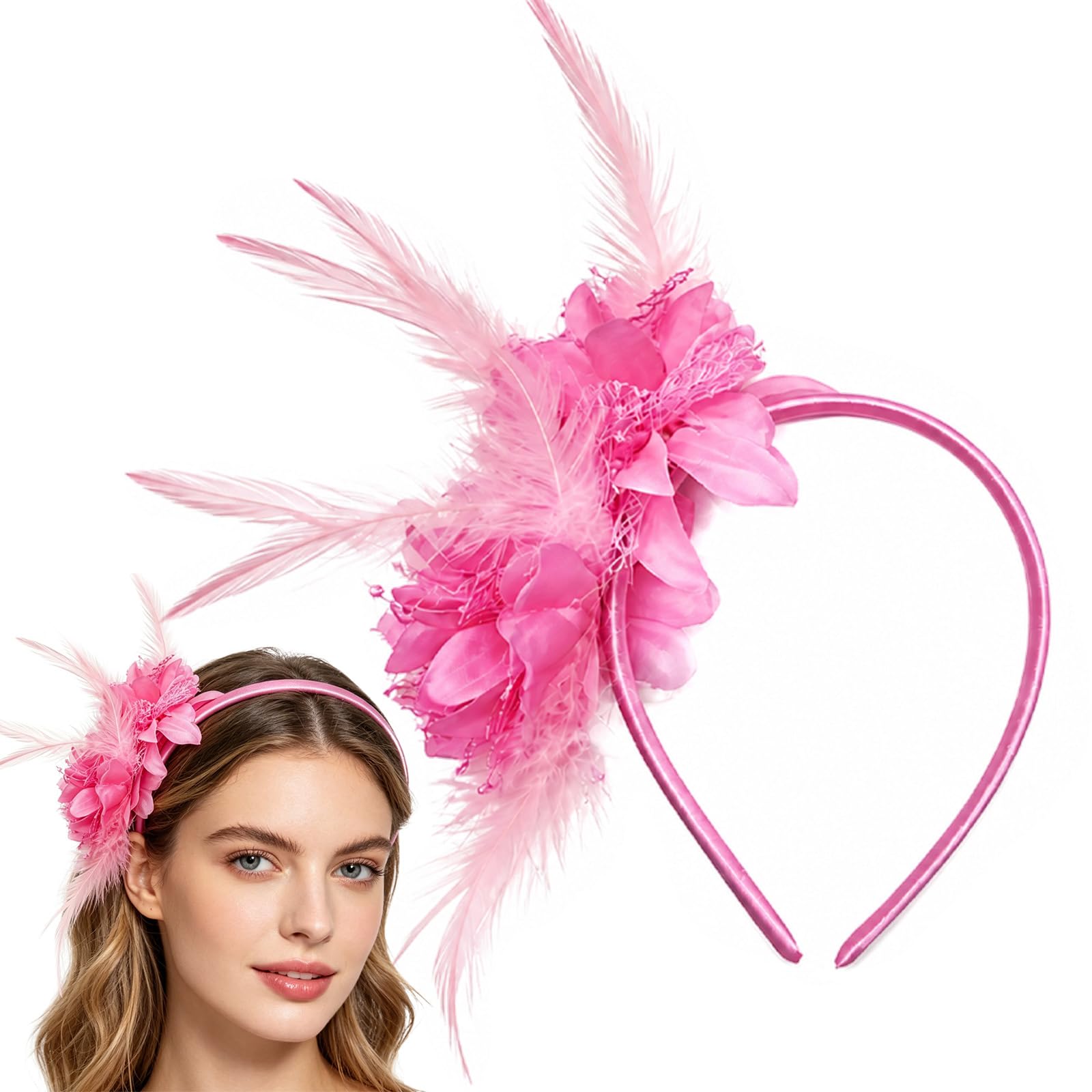 Pale Pink Wedding Headpiece, Feather Mesh Fascinator, Ladies Headdress