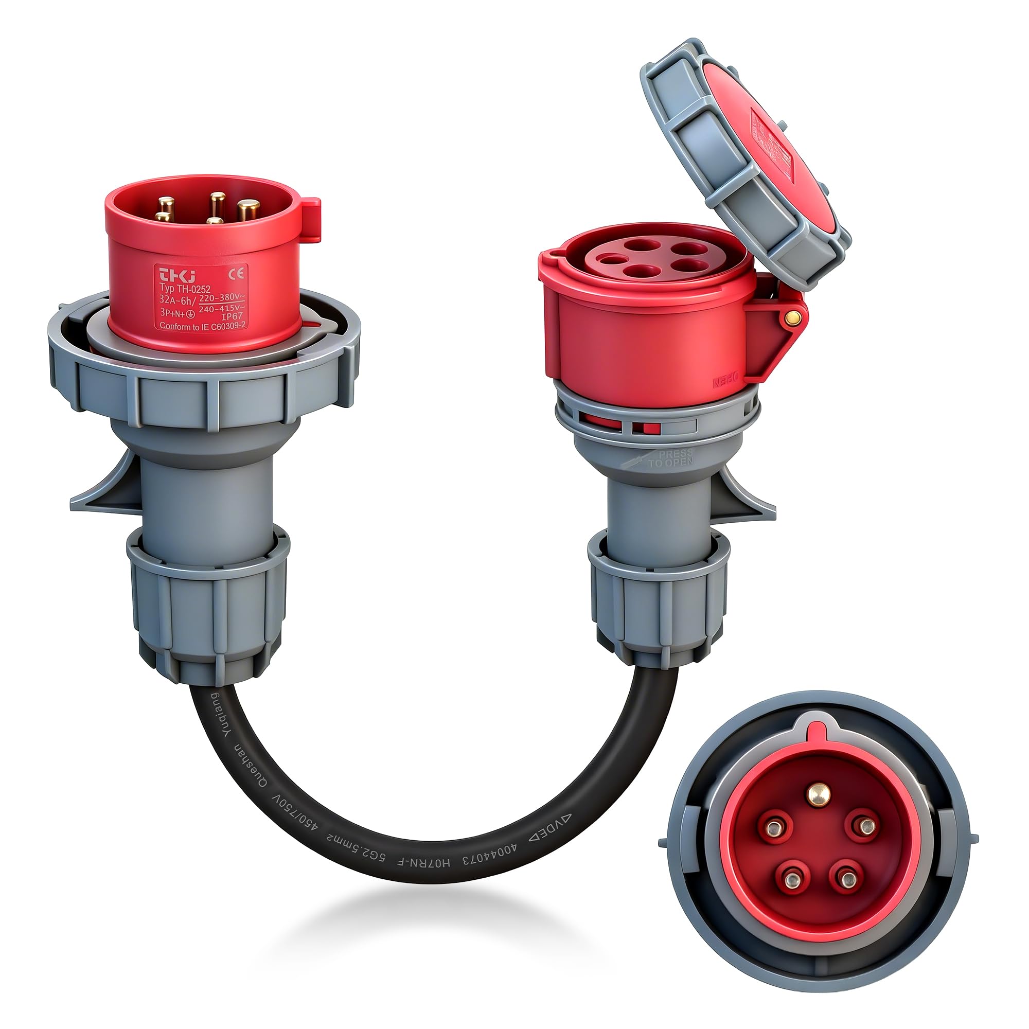 CEE Adapter 32A auf 16A, IP67 Wasserdicht & Staubdicht, Starkstrom Adapter mit Schutzabdeckung, 5×2.5mm² Kabel, 32 auf 16 Ampere Adapters für Elektroauto Zubehör, Werkstätten, Baustellen und Industrie
