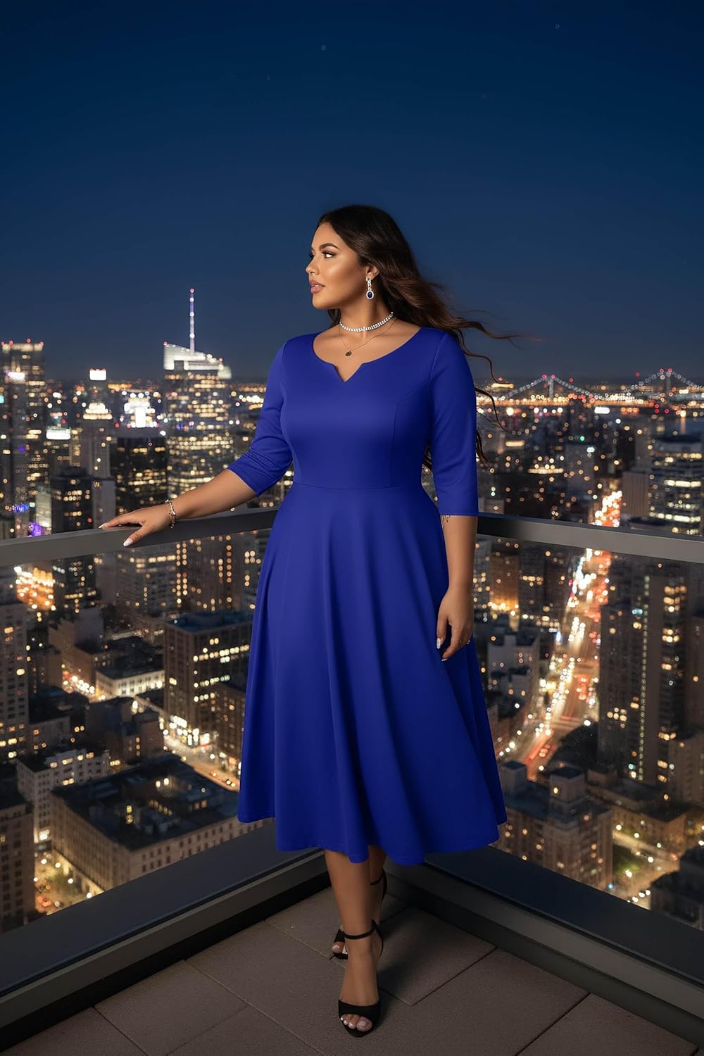 Runwind Plus Size Dresses Women Fit and Flare A-Line Swing Dress 3/4 Sleeve Midi Church Wedding Guest Cocktail Party Dresses - Image 4