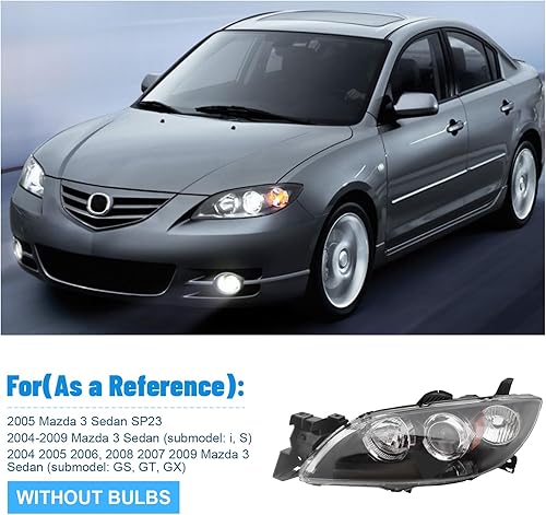 Miniatura 2 de Para Mazda 3 Sedan 2004 2005 2006 2007 2008 2009 Mazda 3 Sedan faro delantero halógeno izquierdo lado del conductor, carcasa negra lente