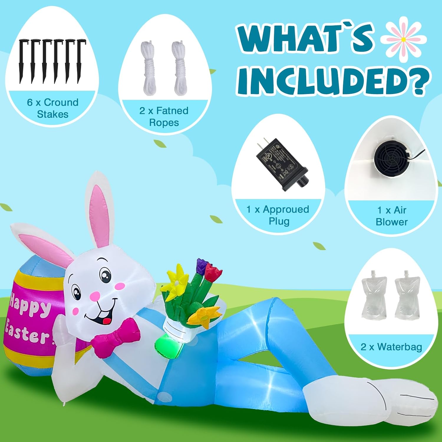 AerWo 8 FT Easter Inflatables Outdoor Decorations, Lounging Inflatable Easter Bunny Decorations with Egg, Easter Blow Up Yard Decorations Built-in LED Lights for Yard Lawn Garden Outdoor Decorations - Image 4