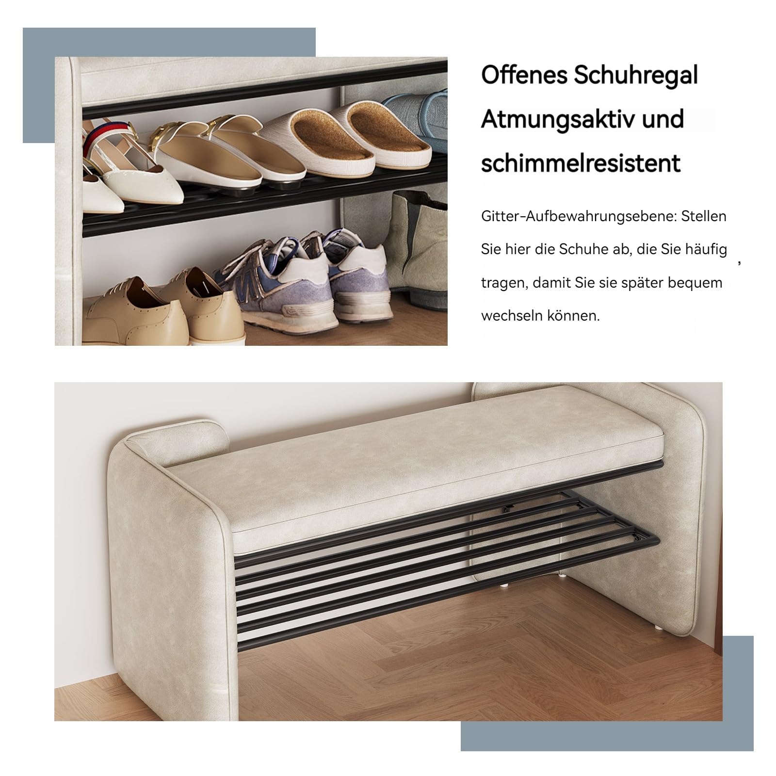 Miuuod 120cm Entryway Shoe Rack with Cushion Padded Seat, 2-Tier Shoe Bench for Entry, Stable Shoes Organizer for Entry, Hallway, Living Room, Bedroom