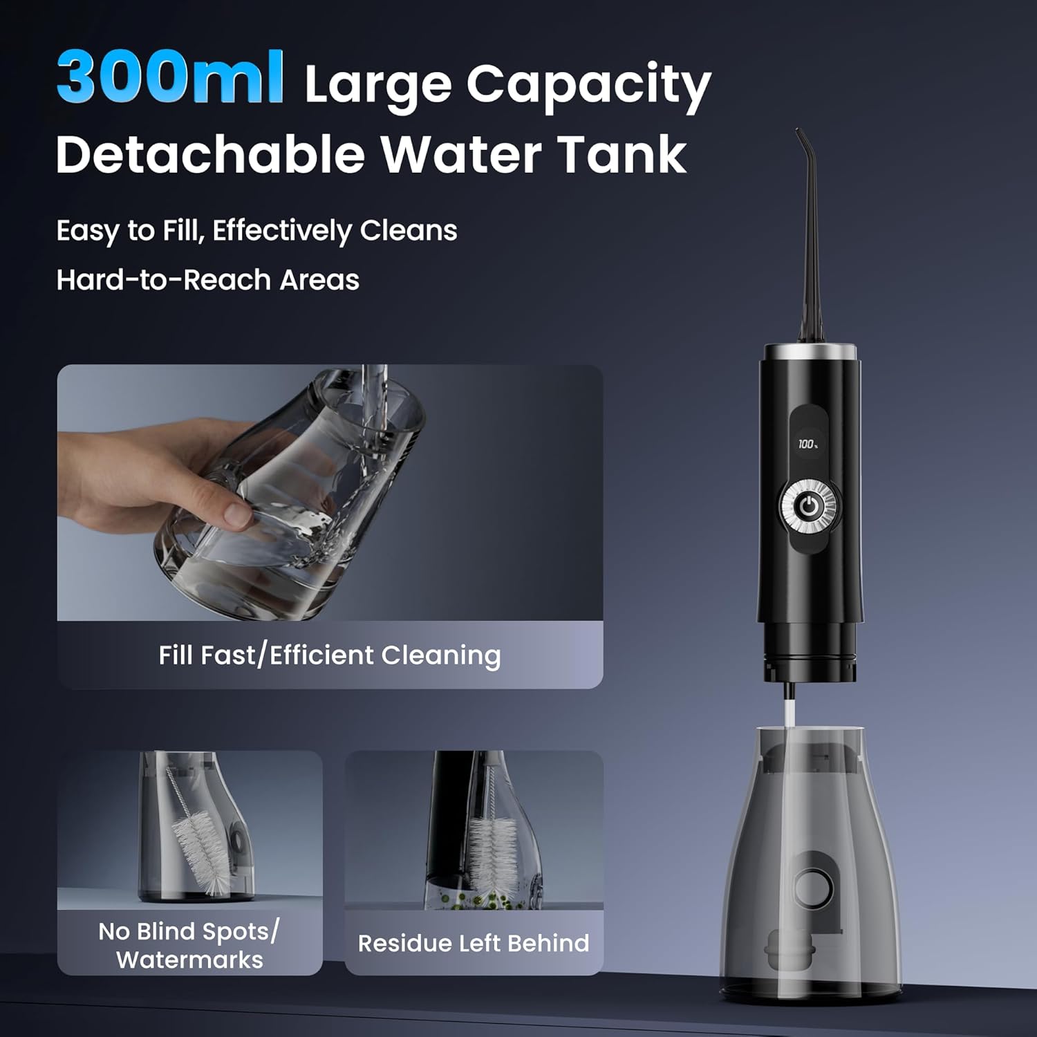 Water Flosser Teeth Picks, 100 Power Levels (150-PSI Variable Pressure) Cordless Floss for Tooth Cleaning and Flossing, 300ml Capacity Electric Floss Oral Irrigator for Adults Black