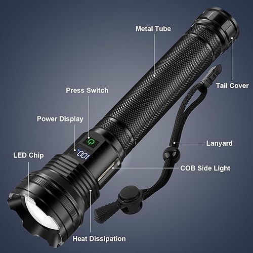 Miniatura 7 de KZK Linternas LED recargables de alto lúmenes, linterna USB extremadamente brillante, 10,000 lúmenes con luz de trabajo COB, 10 modos y luz de flash