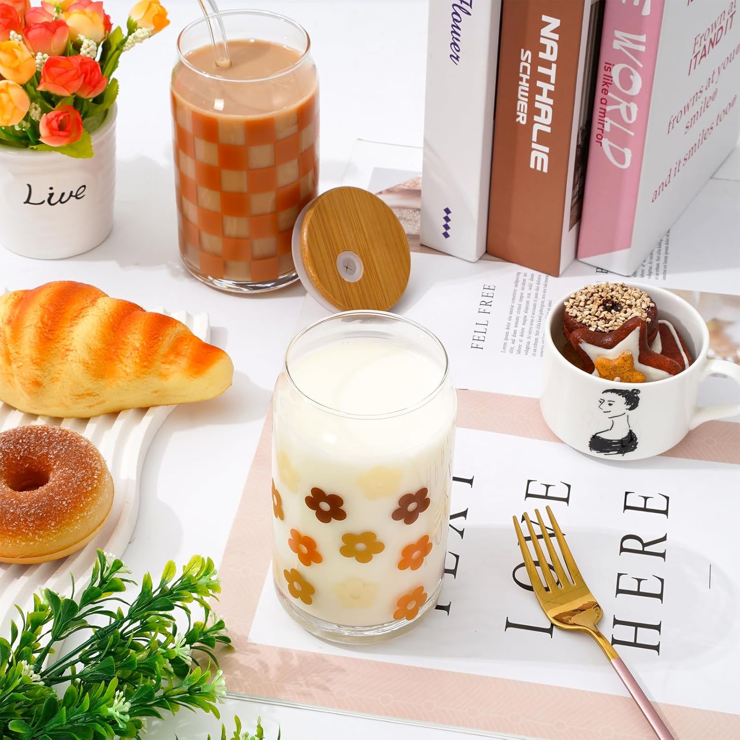 Whaline 4 Pack Boho Drinking Glasses 16oz Daisy Flower Checkered Cow Print Glasses Cup with Bamboo Lids Glass Straw Cleaning Brushes Boho Ice Coffee Cup for Cocktails Whiskey Beer Soda Gifts - Image 4