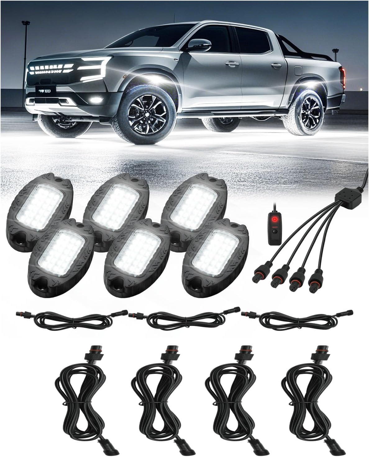 6 Pods Pure White LED Rock Lights and 4 Pieces of 78-Inch/6.56-Foot 2-Pin White LED Rock Light Extension Cable Set