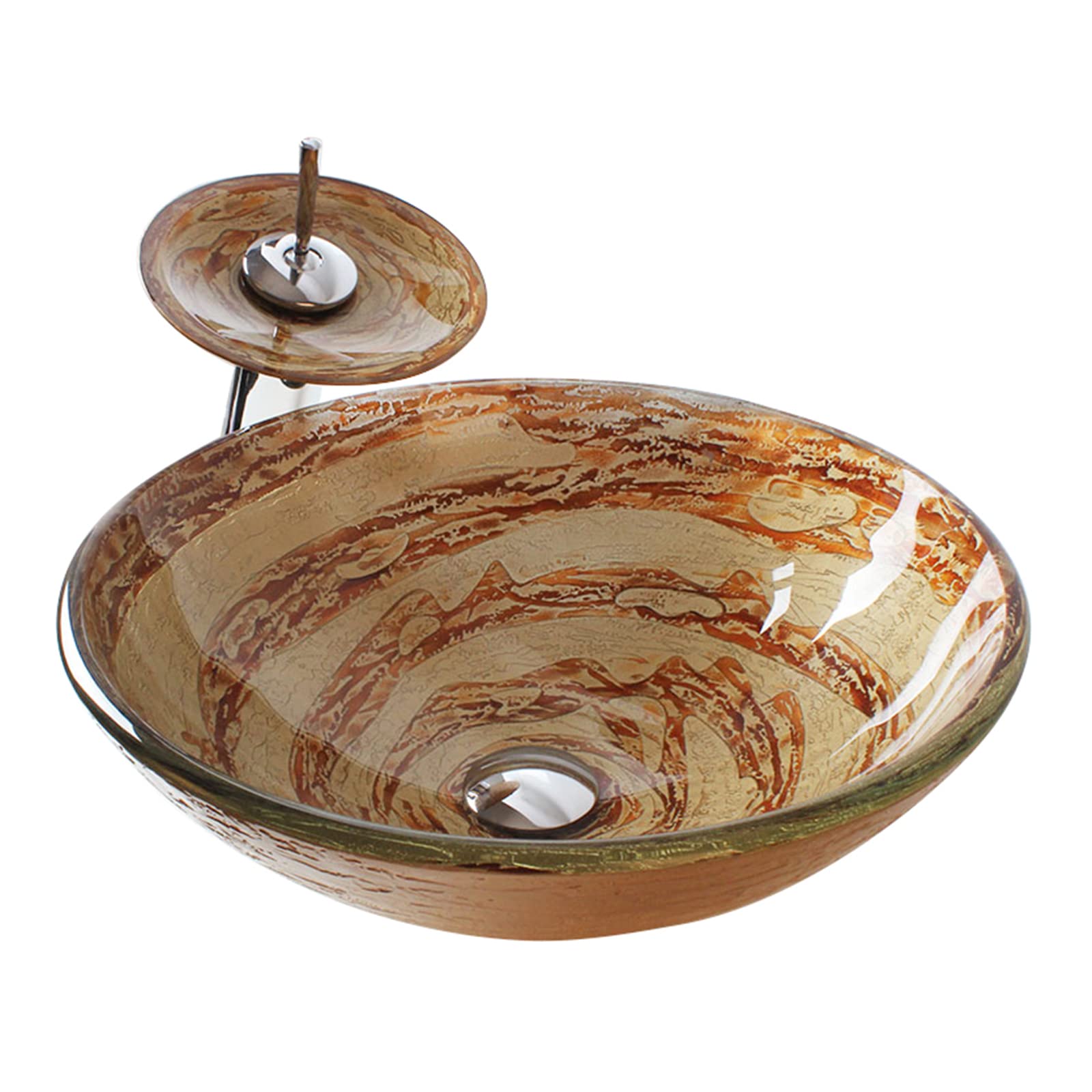 ASerZenith Bathroom Vessel Sink,Tempered Glass Vessel Bowl Sink, 16.5" Round Vessel Sink Modern Bathroom Countertop Sink With Waterfall Faucet And Pop Up Drain