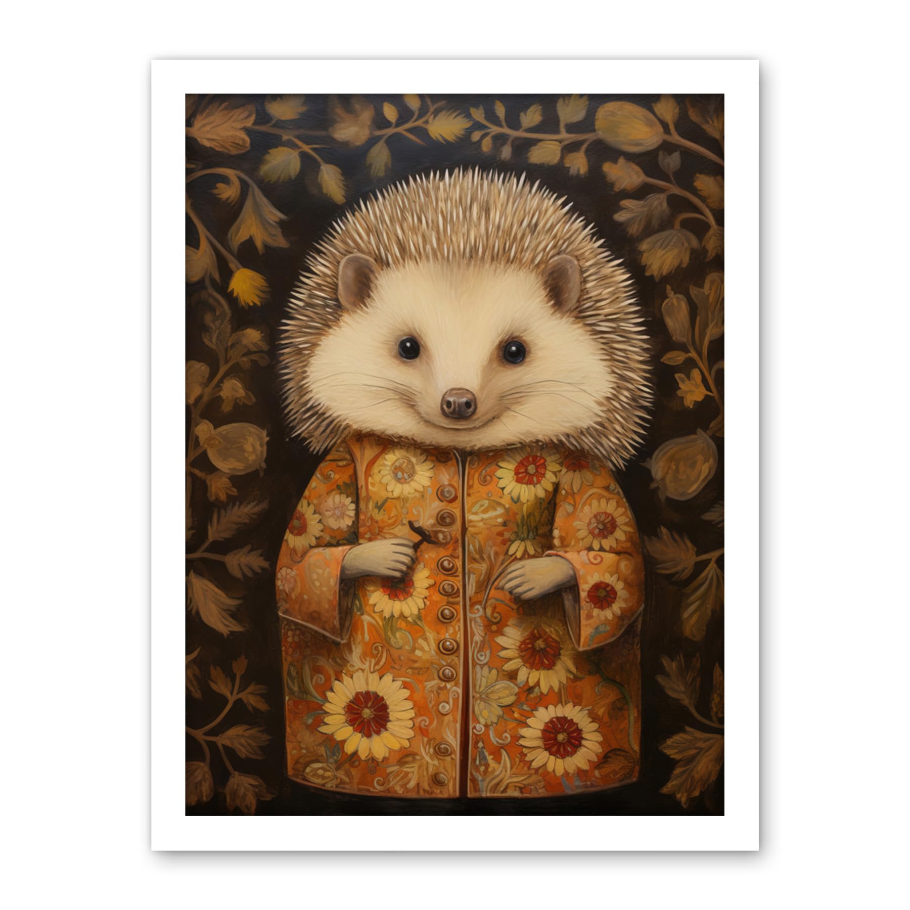 Artery8 Autumn Hedgehog in Sunflower Robe Modern Artwork Framed Wall Art Print 18X24 Inch