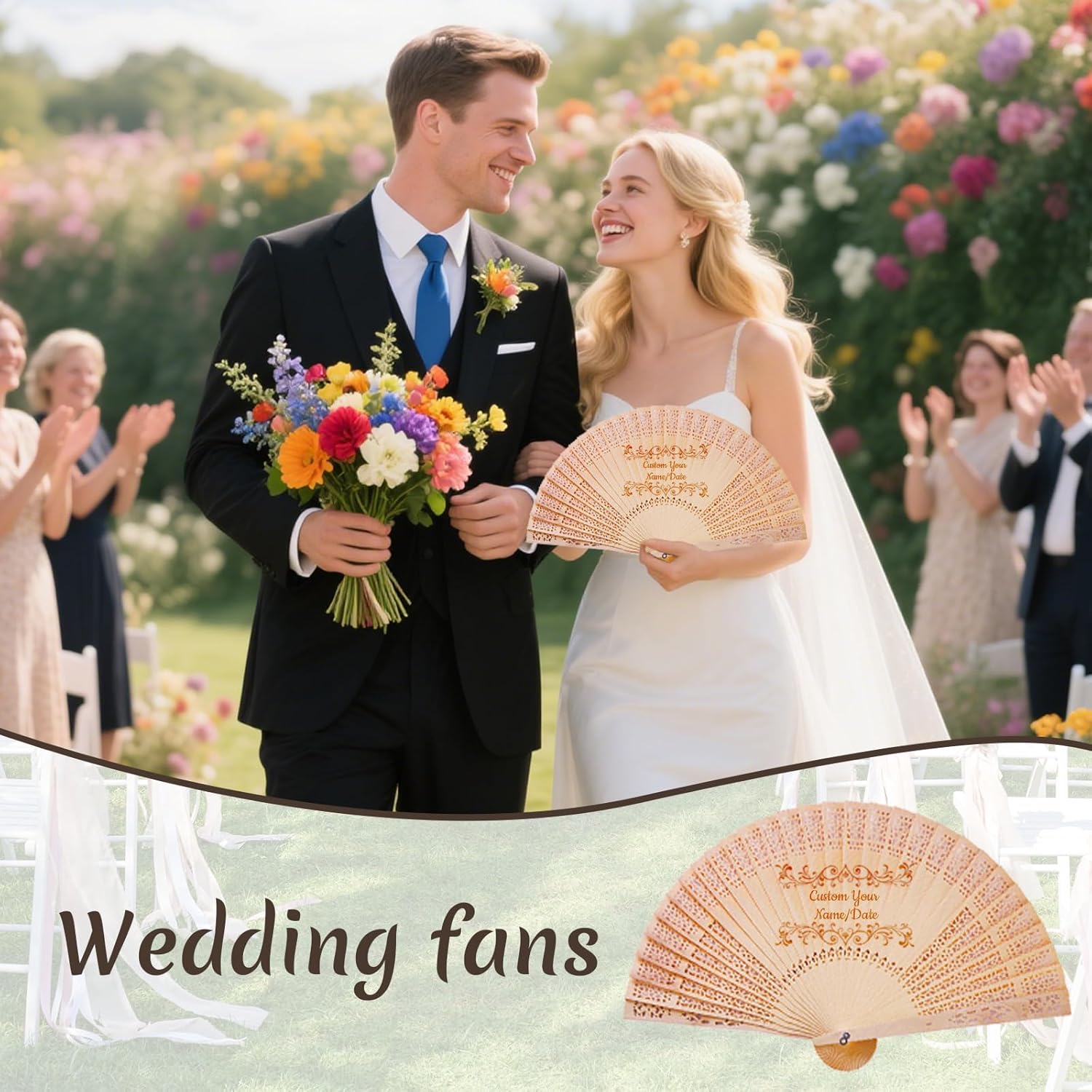 Personalized Wedding Fans for Guests Custom Wooden Folding Handheld Fans Bulk with Organza Bags Tassels for Wedding Graduation Party (50)