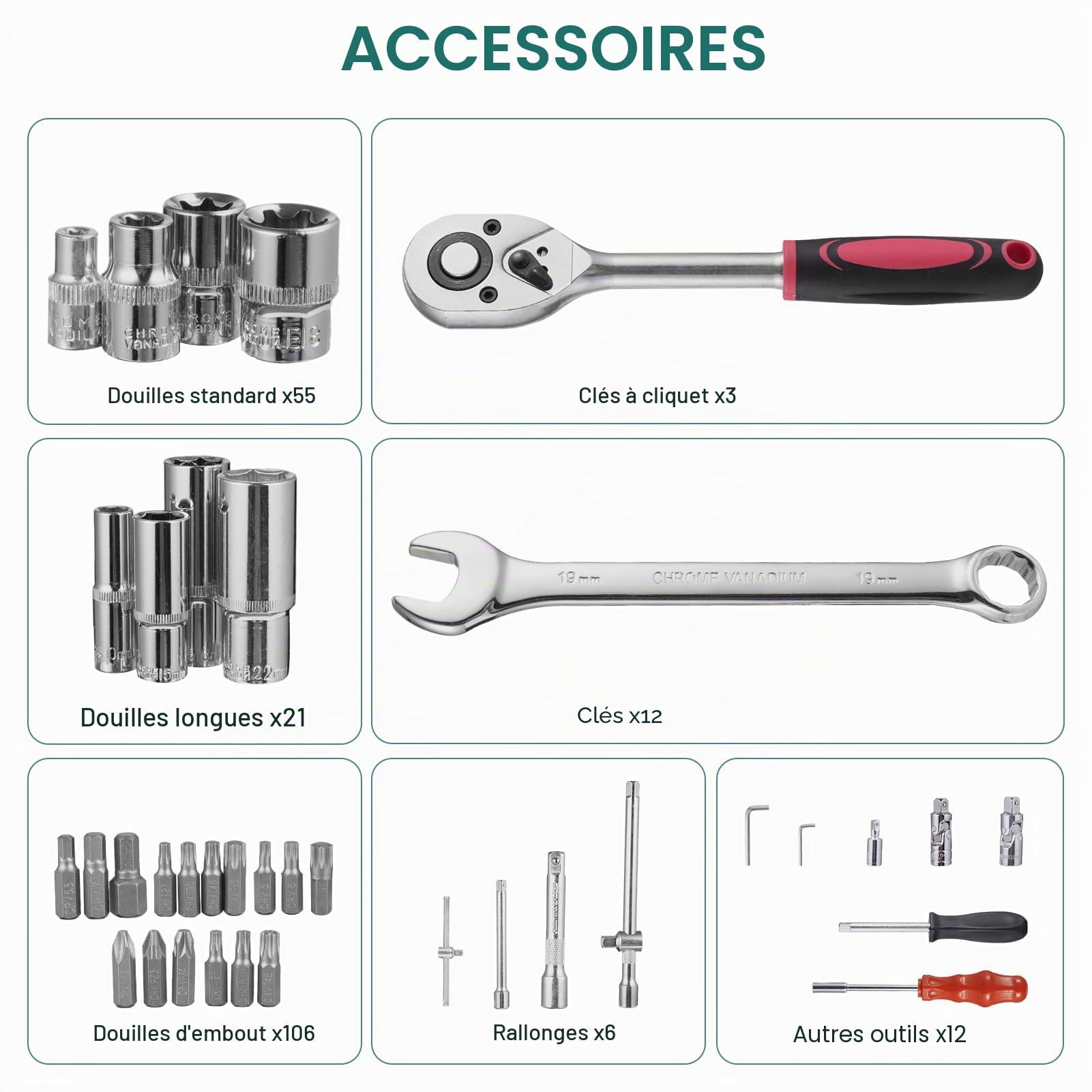 Coffret de clés à douille Victoam | 216 pièces | Ensemble d'outils en vanadium et embouts incl. adaptateur d'embouts pour tournevis à batterie | Ensemble d'outils | Trousse de clés à cliquet