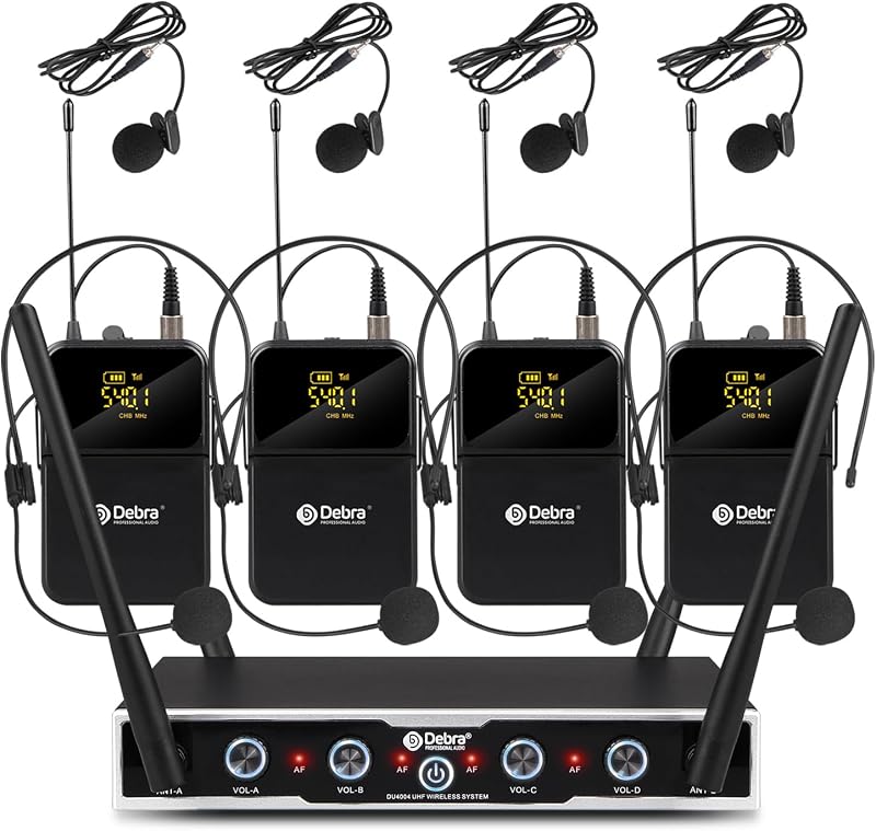 Debra 4-Csatornás UHF Vezeték Nélküli Mikrofon Szett 16 Frekvenciával, 80m Hatótávval, 4 Bodypack + Fejhallgató/Csíptetős Mikrofon, Stúdióha