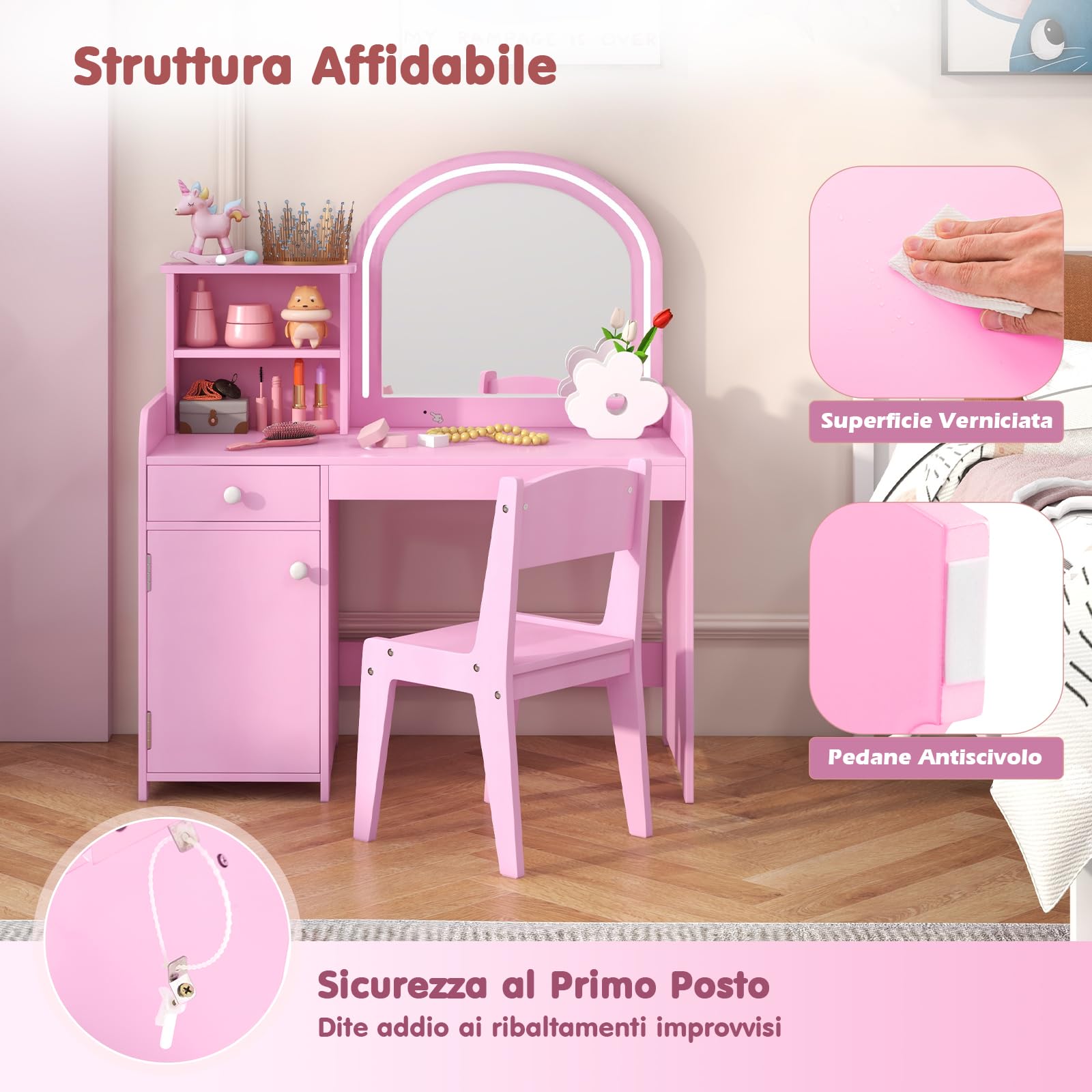 RELAX4LIFE Toeletta Trucco per Bambina con Luci LED, 2 Colori, Specchiera Trucco con Sgabello, Mensole e Cassetto, Toeletta in Legno, per Bambini 3+ Anni (Rosa, L)