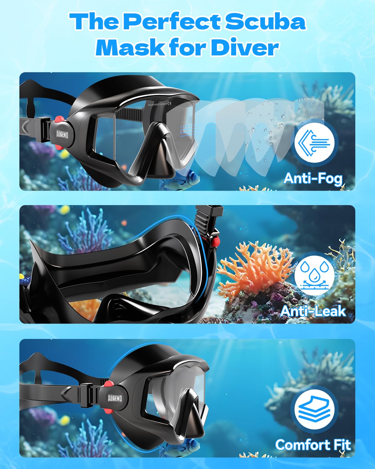 Aegend Equipo de esnórquel para adultos, hombres y mujeres: máscara de buceo con juego de esnórquel seco, visión panorámica antivaho con bolsa de malla para esnórquel, natación y buceo