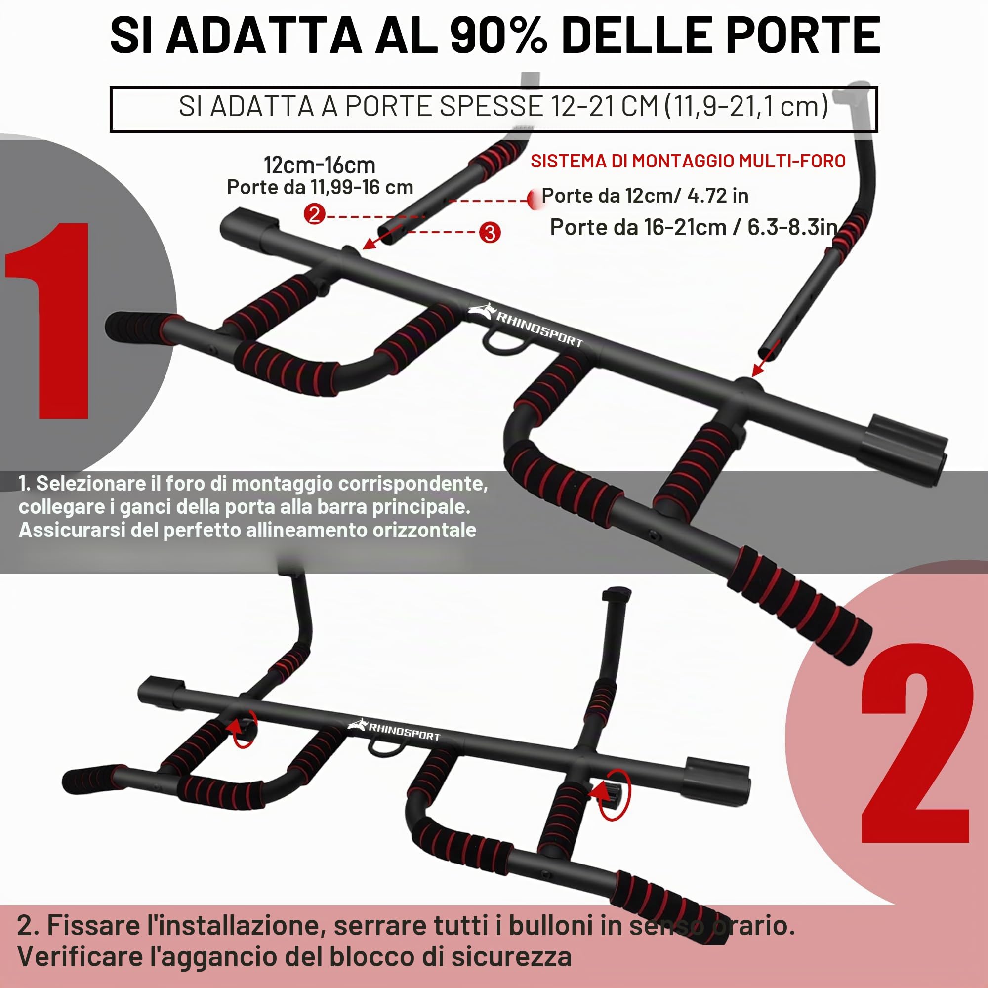 Rhinosport Barra per trazioni Multifunzione Sbarra Trazioni, Barra per Porte, Regolabile da 65 cm a 92 cm senza viti （Extra gratuito maniglie ）