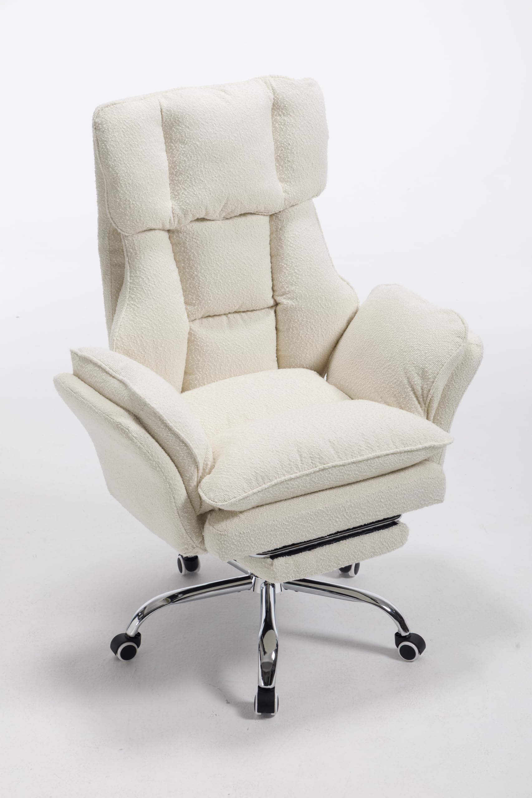 Bürostuhl Ergonomisch mit Fußstütze, 135° Verstellbarer Chefsessel, Klappbare Armlehnen, Extra Breiter Schreibtischstuhl für Kreuzsitz, Gaming Stuhl mit Bouclé Stoff für Home Office, Weiß