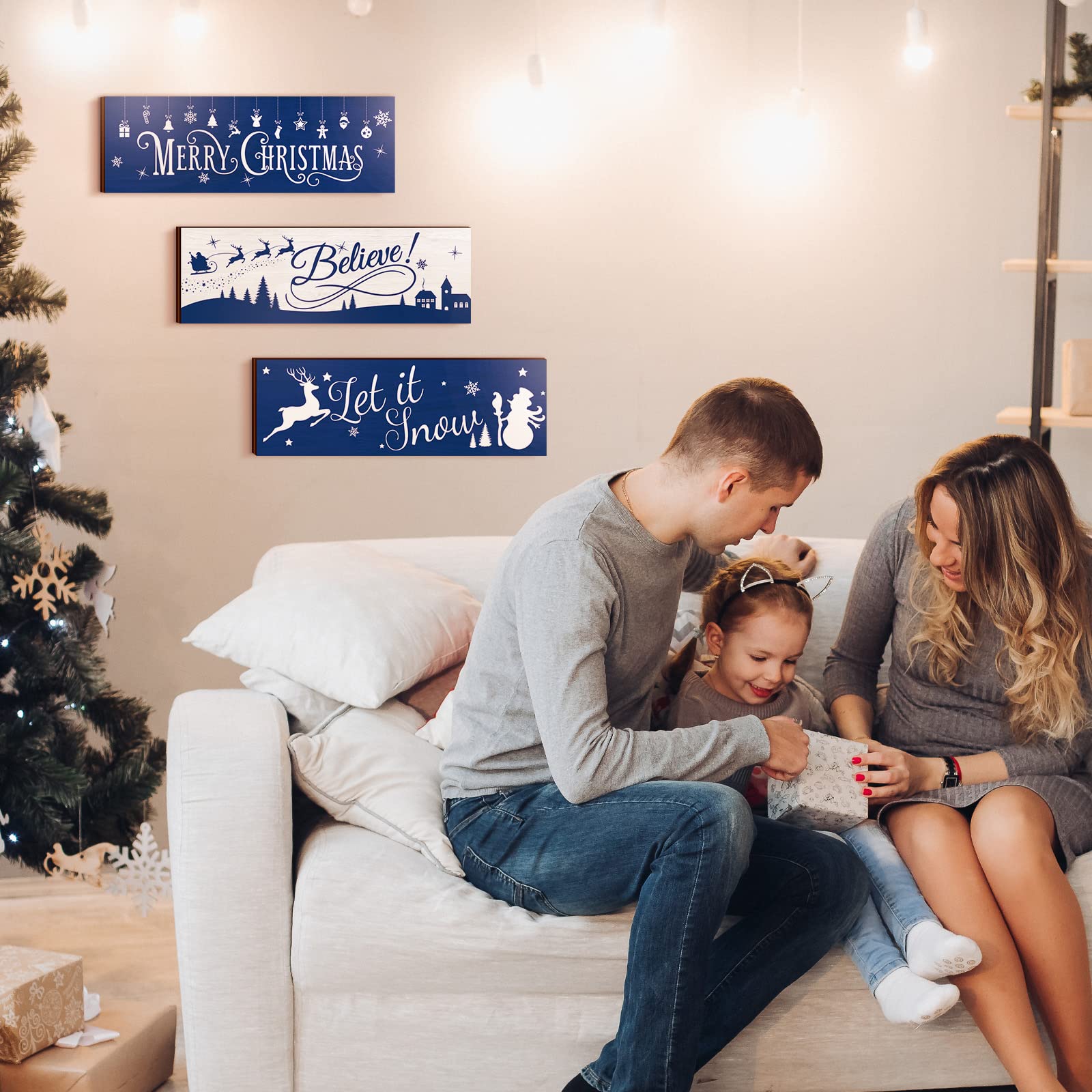 3 letreros colgantes azules de Navidad de madera rústica con copos de nieve para colgar en la pared, adornos y placas de madera para Navidad, vacaciones, invierno, decoración del hogar