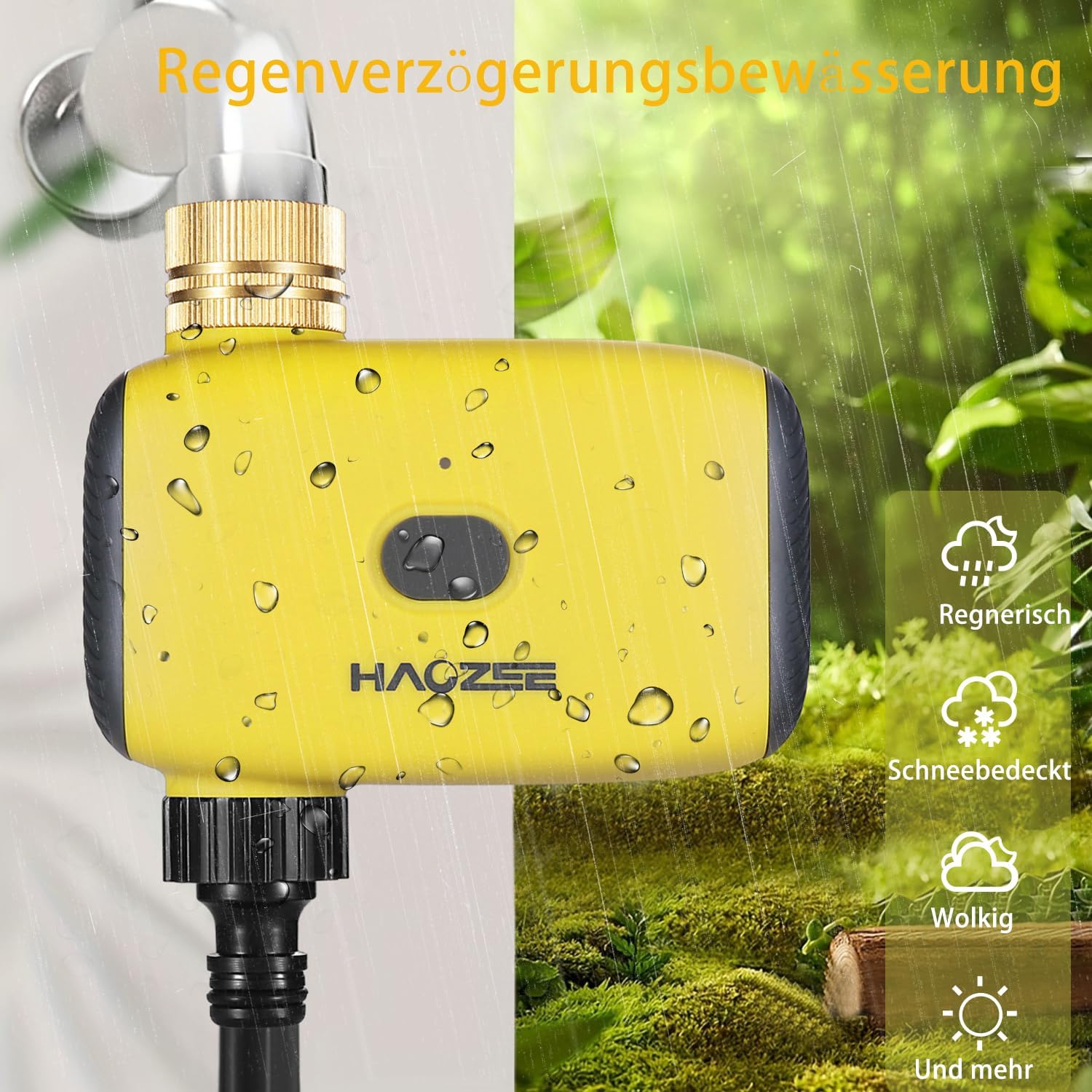 Haozee Smart Watering Computer with water droplets, illustrating rain delay function with icons for rainy, snowy, cloudy weather.