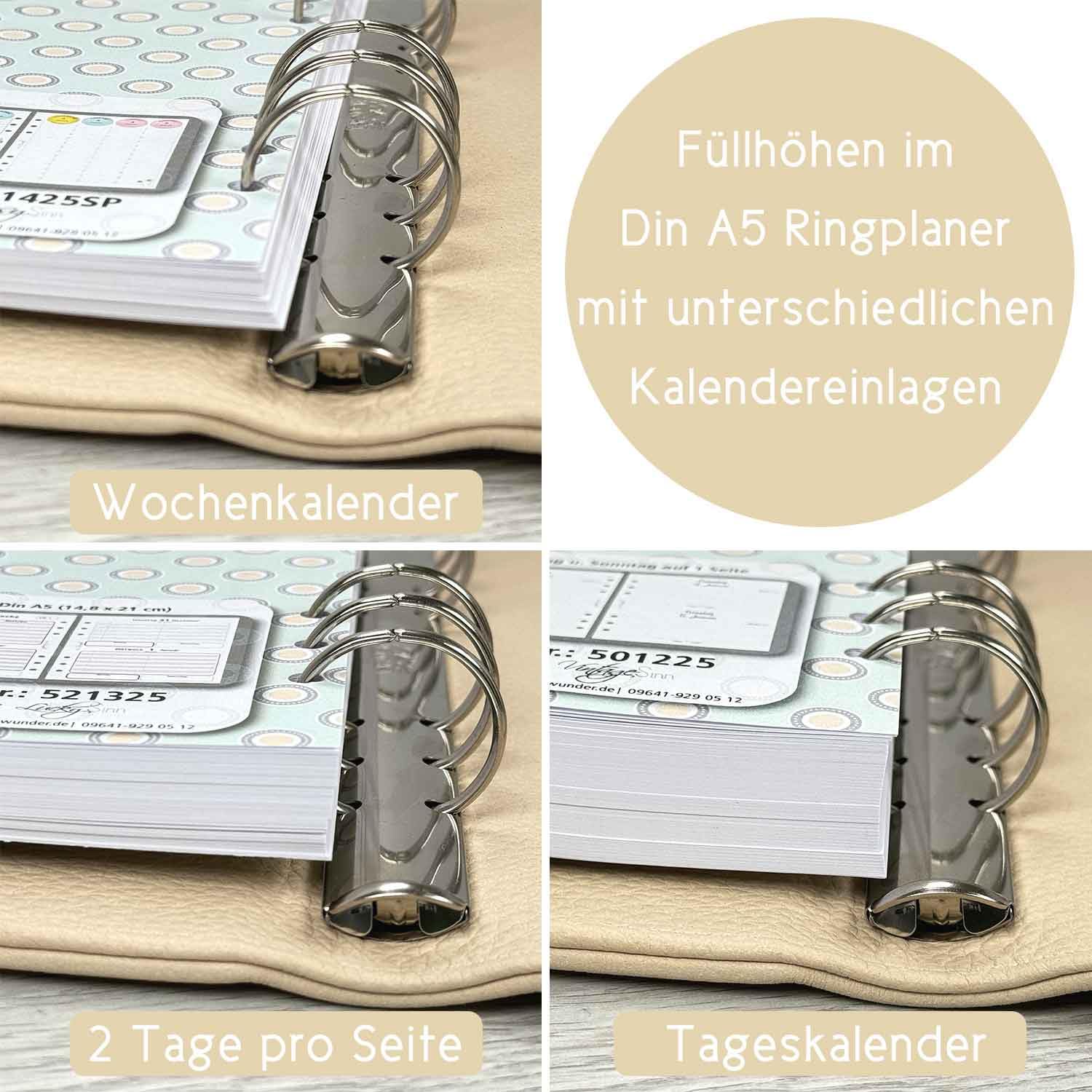 SinnWunder® Premium Ringplaner-Mappe mit 6 Ringen - nachfüllbar - aus geschmeidigem, italienischem Velourleder - Größe Din A5 -Creme-Gold